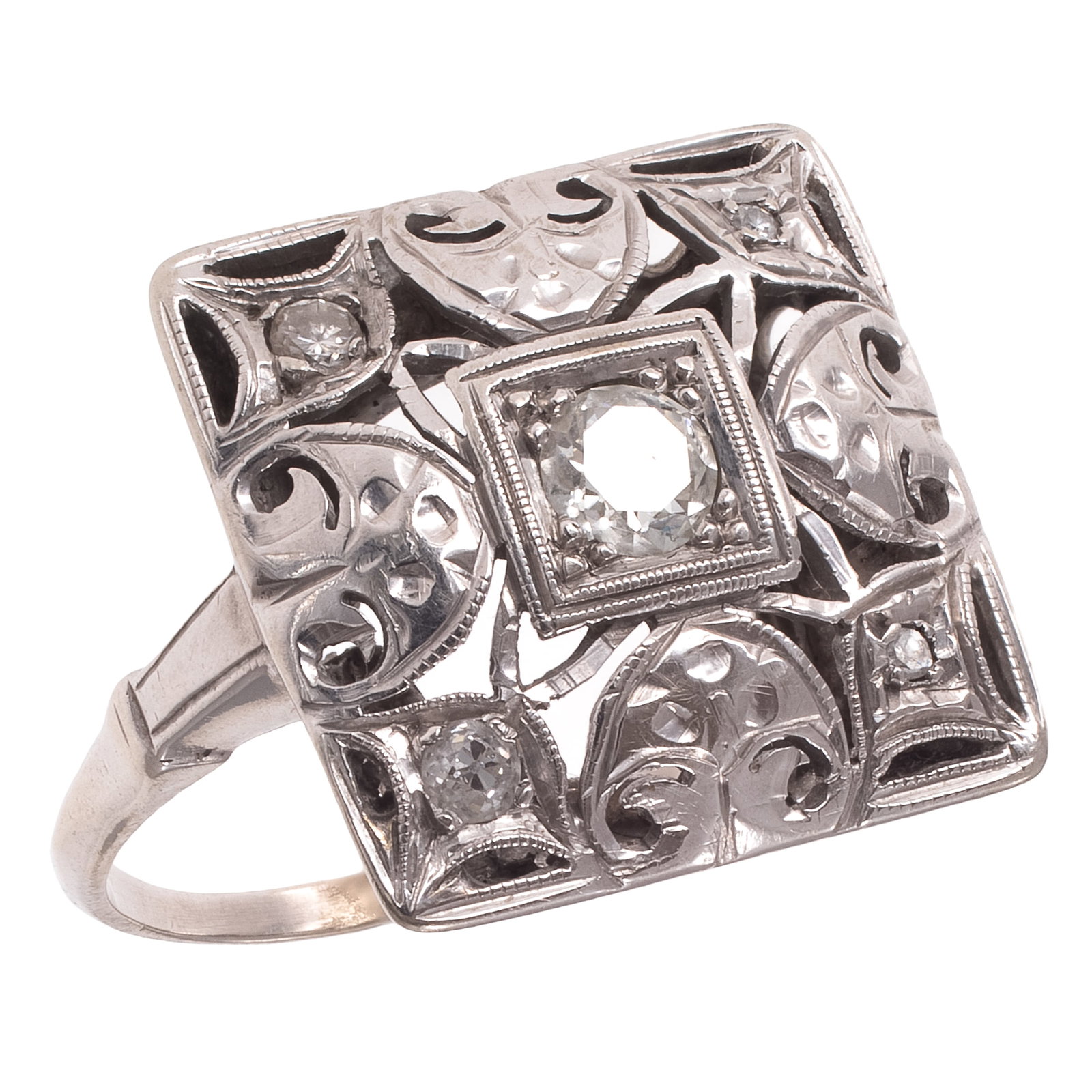 Diamond, 14k White Gold Ring: Diamond, 14k White Gold Ring Centering one transitional-cut diamond, accented by one old European-cut, one round brilliant-cut and two single-cut diamonds weighing a total of approximately 0.29 cttw.,