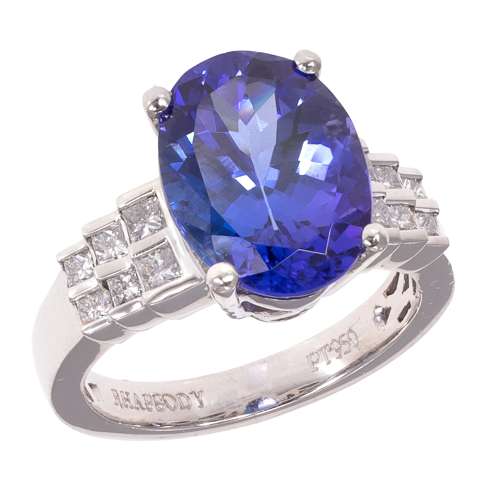 Tanzanite, Diamond, Platinum Ring, Rhapsody: Tanzanite, Diamond, Platinum Ring, Rhapsody Centering one oval-cut tanzanite weighing approximately 5.72 cts., accented by twelve princess-cut diamonds weighing a total of approximately 0.80 cttw.,