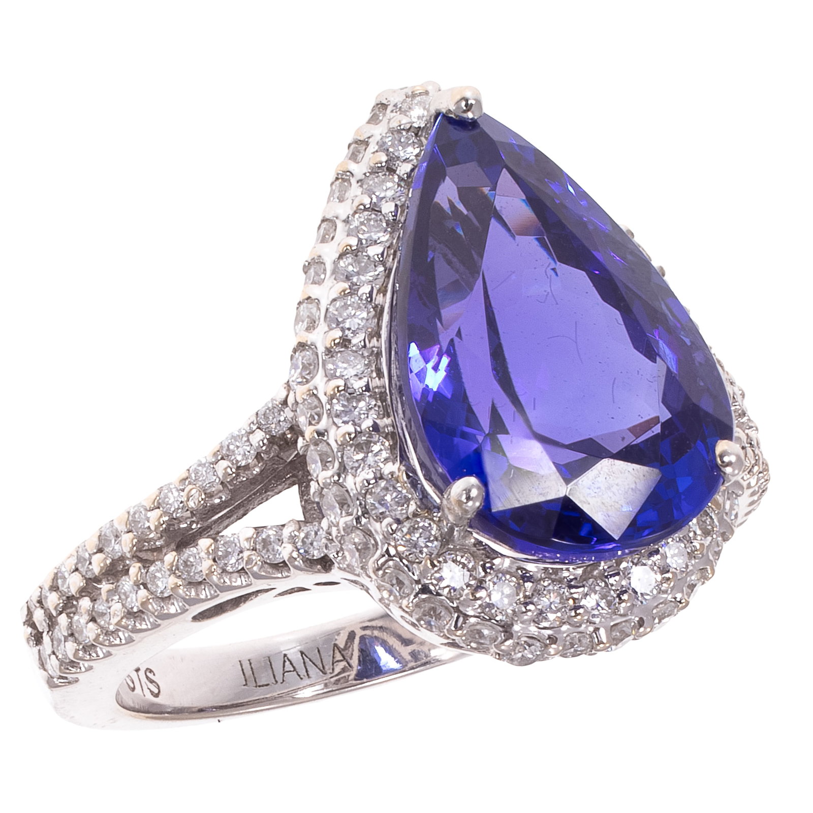 Tanzanite, Diamond, 18k White Gold Ring, Iliana: Tanzanite, Diamond, 18k White Gold Ring, Iliana Featuring one pear-shape tanzanite weighing approximately 5.98 cts., accented by numerous round brilliant-cut diamonds weighing a total of
