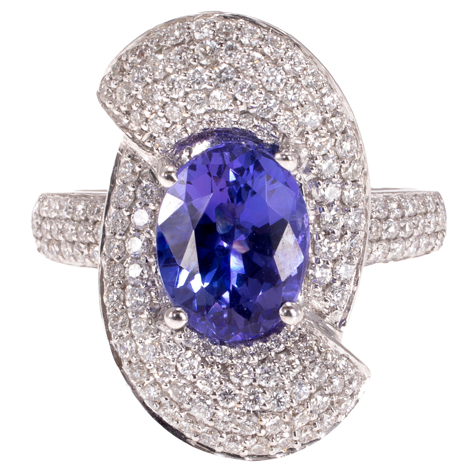 Tanzanite, Diamond, 18k White Gold Ring: Tanzanite, Diamond, 18k White Gold Ring Centering one oval-cut tanzanite weighing approximately 2.05 ct., accented by one hundred-fifty round brilliant-cut diamonds weighing a total of approximately