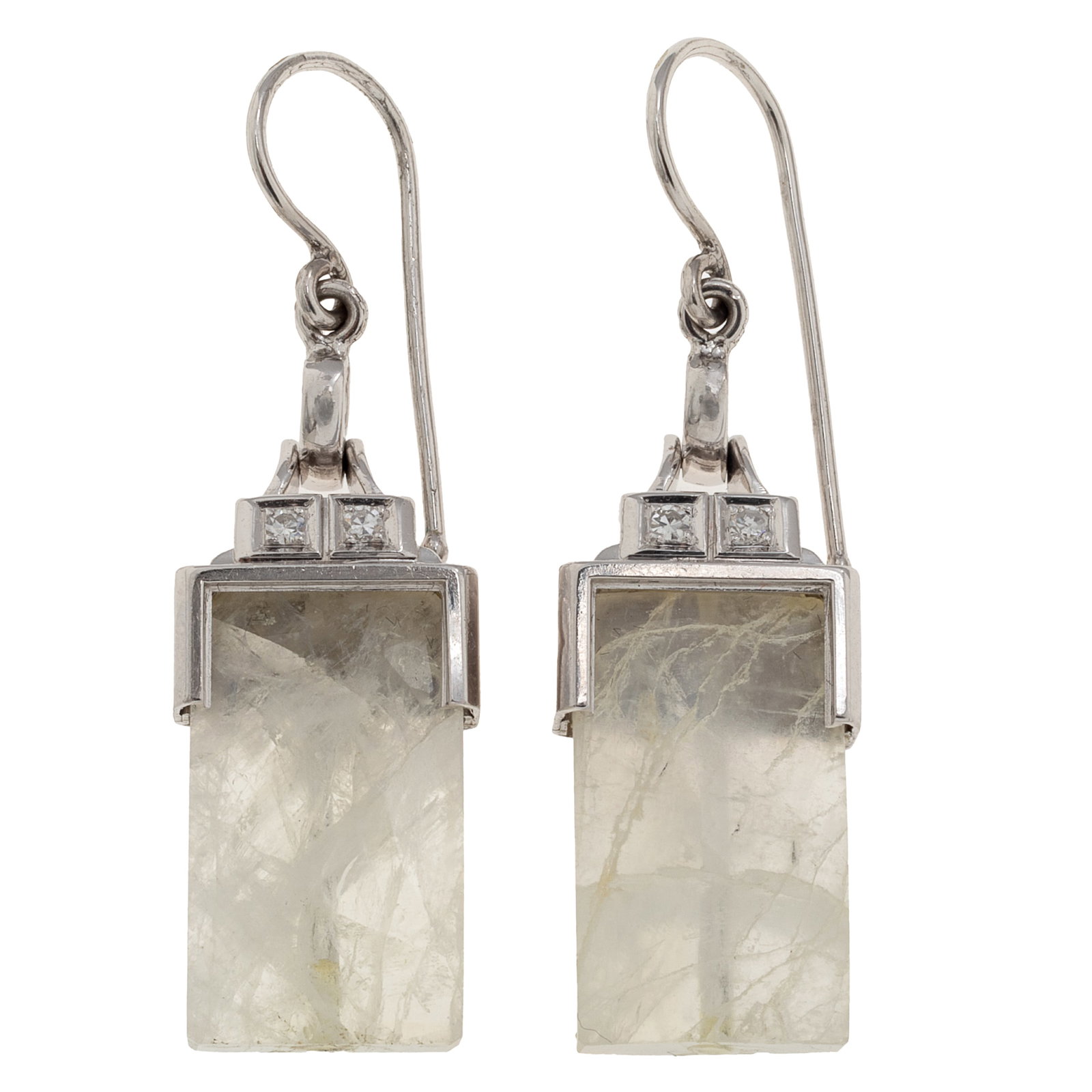 Pair of Moonstone, Diamond, 14k White Gold Earrings: Pair of Moonstone, Diamond, 14k White Gold Earrings Each featuring a rectangular moonstone tablet topped by two single-cut diamonds, set in an articulated, 14k white gold earring mounting measuring