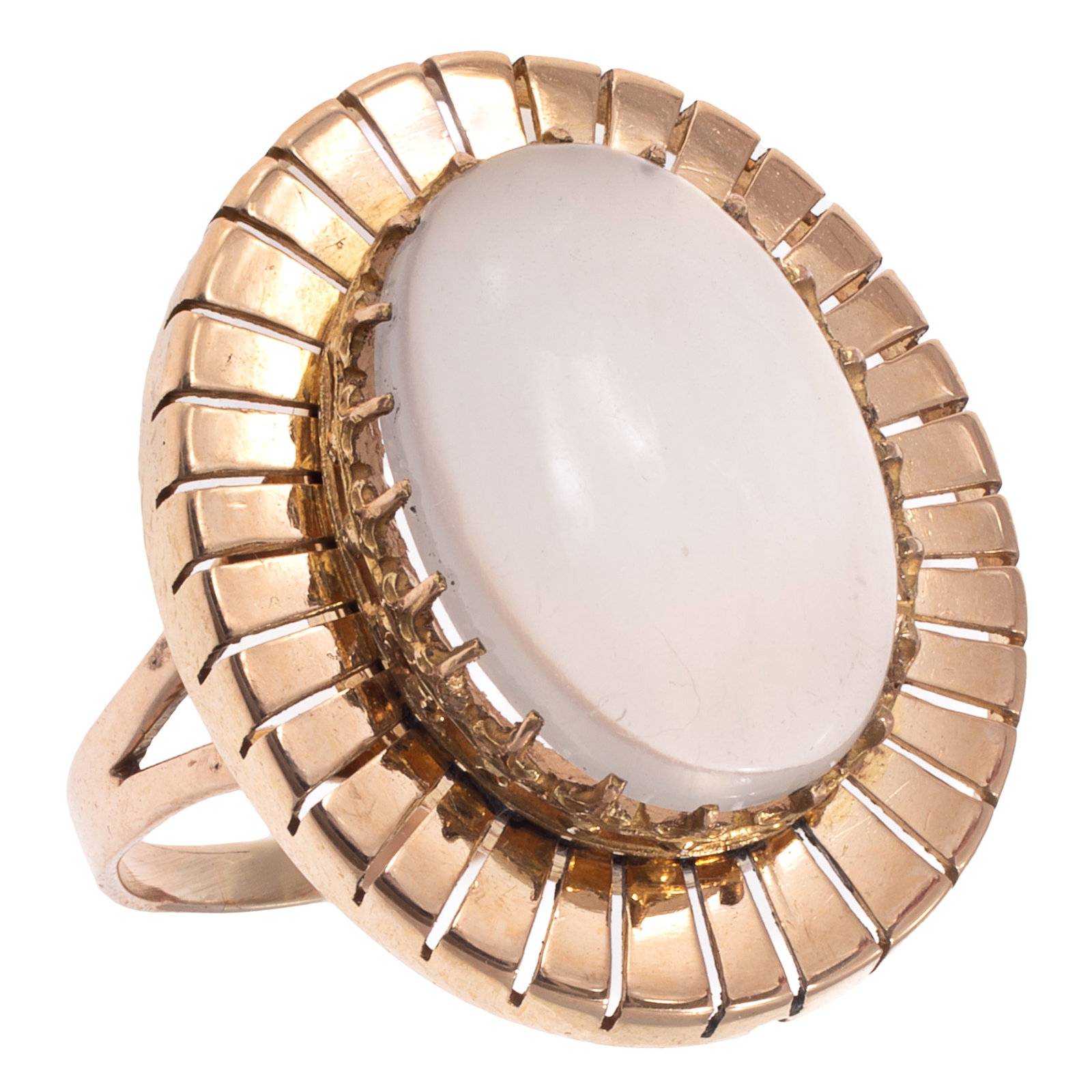 Moonstone, 14k Yellow Gold Ring: Moonstone, 14k Yellow Gold Ring Featuring one oval moonstone cabochon measuring approximately 14.0 x 8.75 mm, set in a 14k yellow gold ring mounting, size 5 1/2. Gross weight: 4.1 grams.