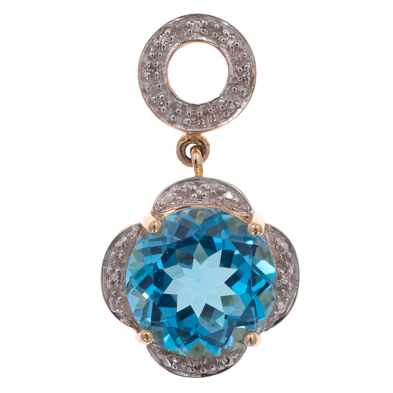 Topaz, Diamond, 14k Yellow Gold Pendant: Topaz, Diamond, 14k Yellow Gold Pendant Centering one round-cut blue topaz weighing approximately 8.85 cts., accented by twelve single-cut diamonds weighing a total of approximately 0.09 cttw., set