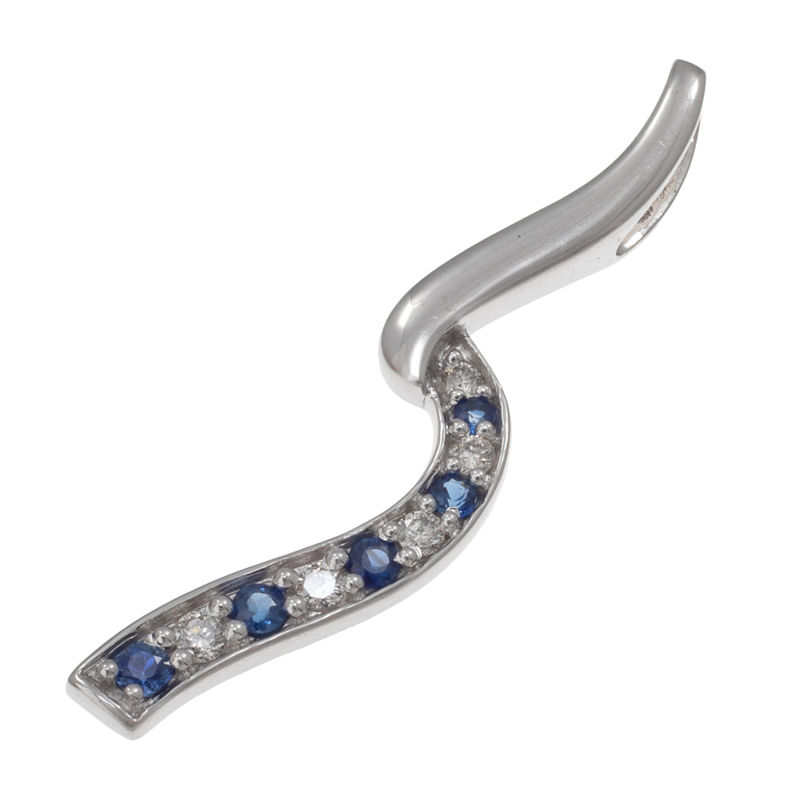 Diamond, Sapphire, 14k White Gold Pendant: Diamond, Sapphire, 14k White Gold Pendant Featuring five round brilliant-cut diamonds weighing a total of approximately 0.10 cttw., highlighted by five round-cut sapphires weighing a total of approxim