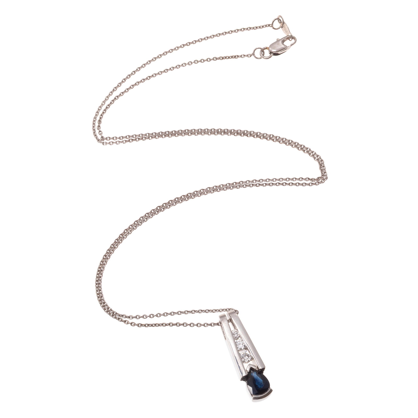Diamond, Sapphire, Platinum, 18k Necklace: Diamond, Sapphire, Platinum, 18k Necklace Featuring one pear-shape sapphire weighing approximately 0.85 ct., accented by three round brilliant-cut diamonds weighing a total of approximately 0.22