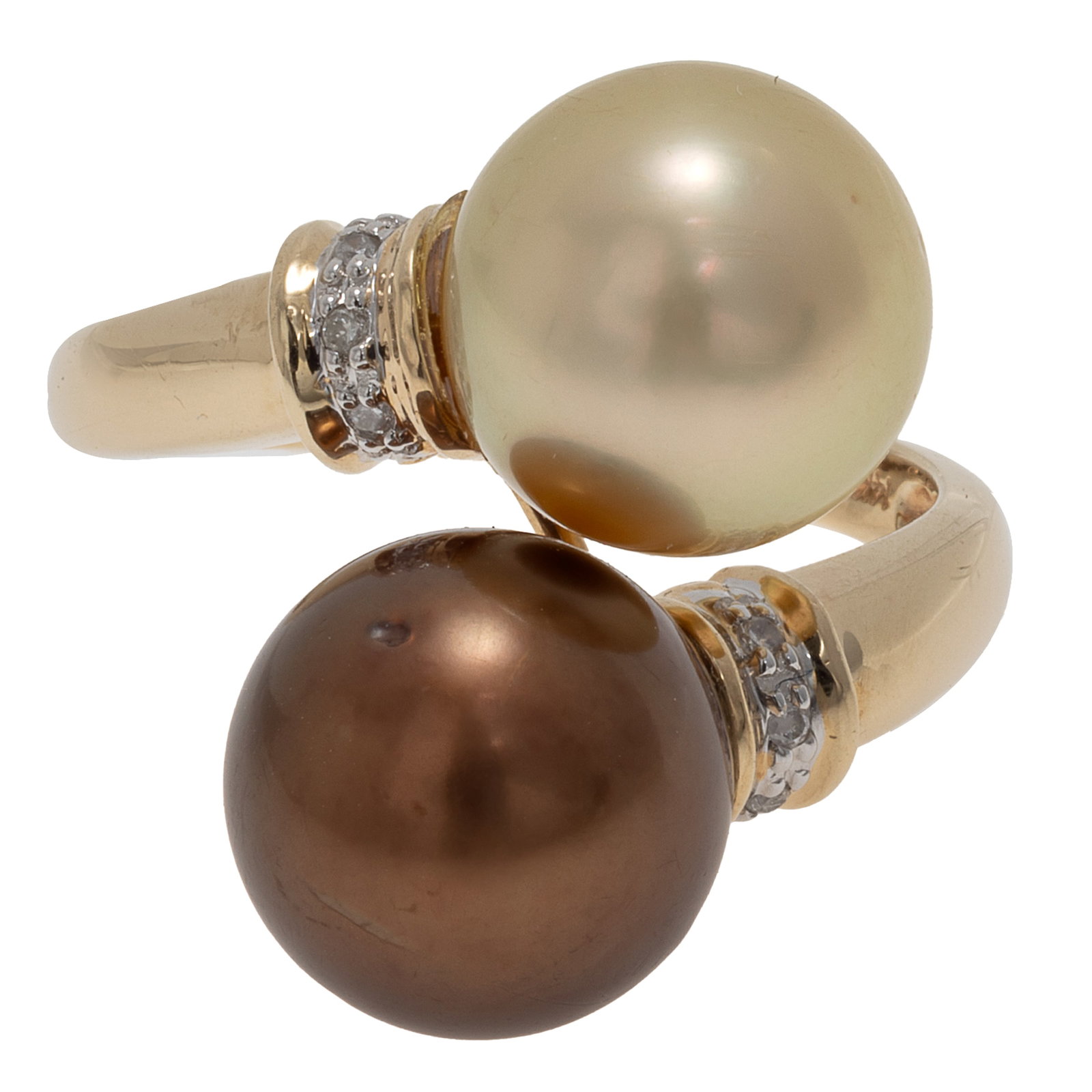 South Sea Cultured Pearl, Diamond, 14k Yellow Gold Ring: South Sea Cultured Pearl, Diamond, 14k Yellow Gold Ring Featuring two South Sea Cultured Pearls measuring approximately 10.7 and 10.3 mm, accented by six round brilliant-cut diamonds weighing a total 