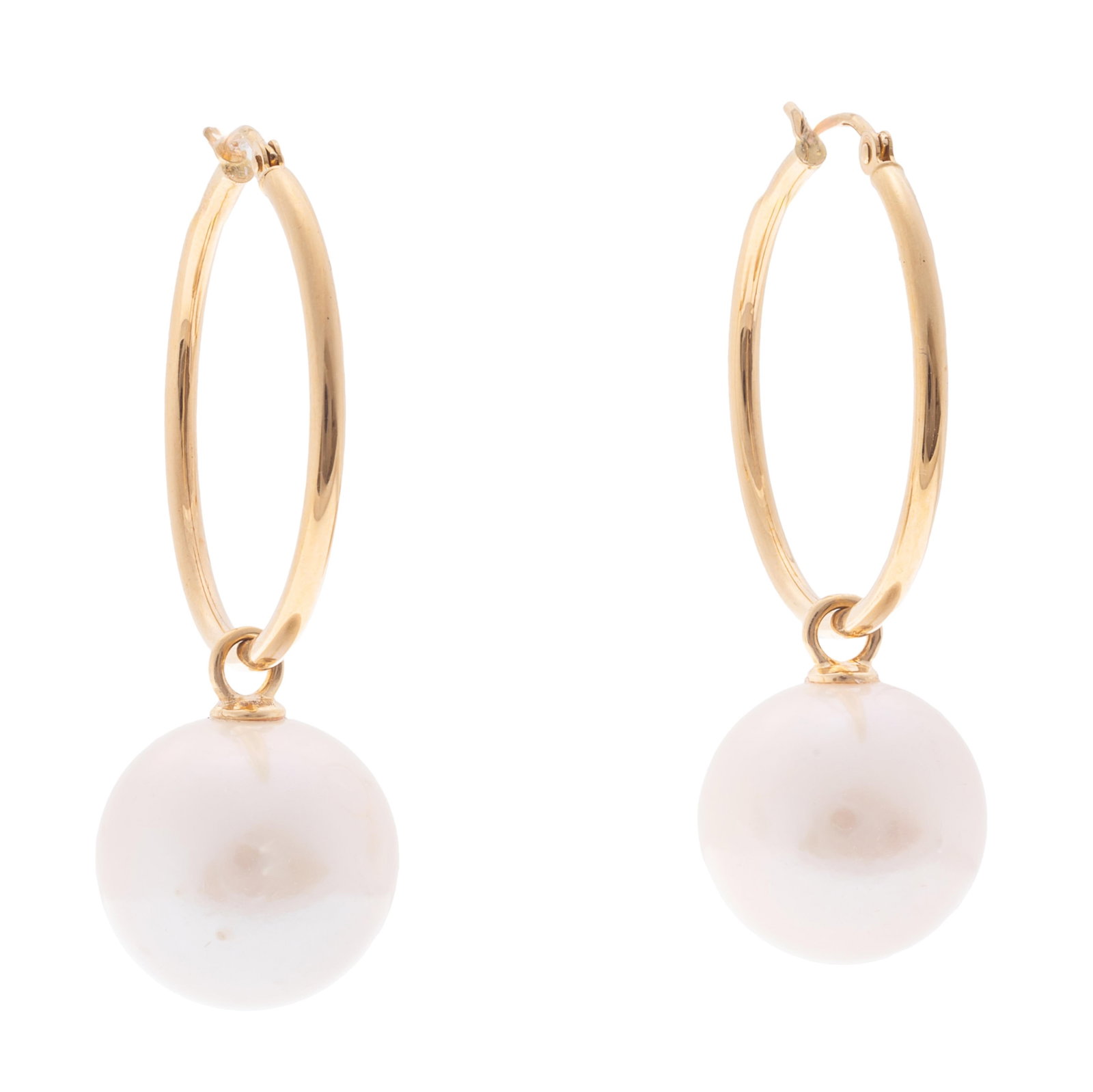 Pair of South Sea Cultured Pearl, 18k Earrings: Pair of South Sea Cultured Pearl, 18k Earrings Each featuring a detachable South Sea cultured pearl measuring approximately 14.0 mm, set in an 18k yellow gold hoop style earring mounting. Gross weight