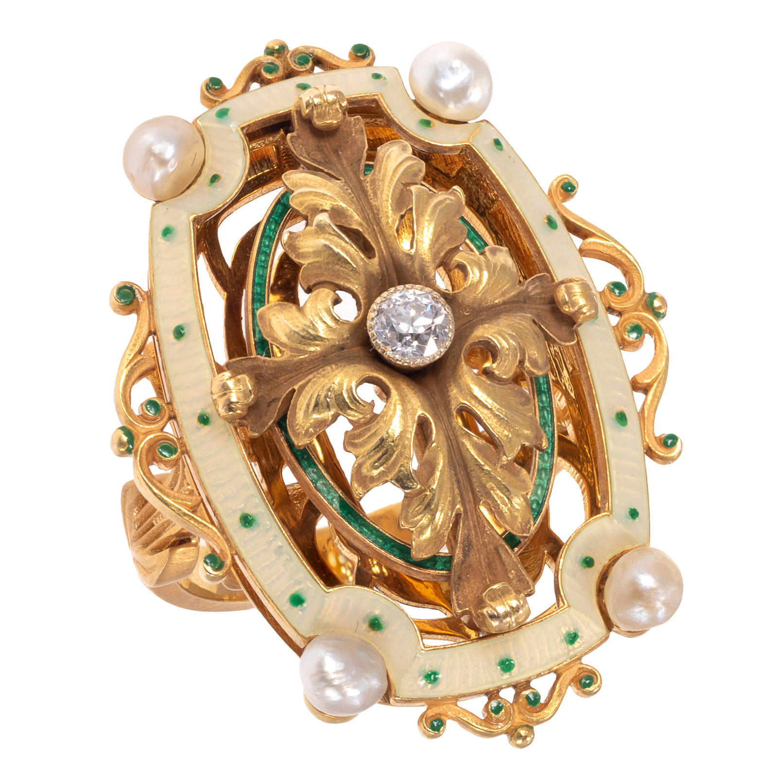 Diamond, Pearl, Enamel, 14k Yellow Gold Ring: Diamond, Pearl, Enamel, 14k Yellow Gold Ring Centering one transitional-cut diamond weighing approximately 0.12 ct., accented by four baroque pearls enhanced by guilloche enamel, set in a 14k yellow g