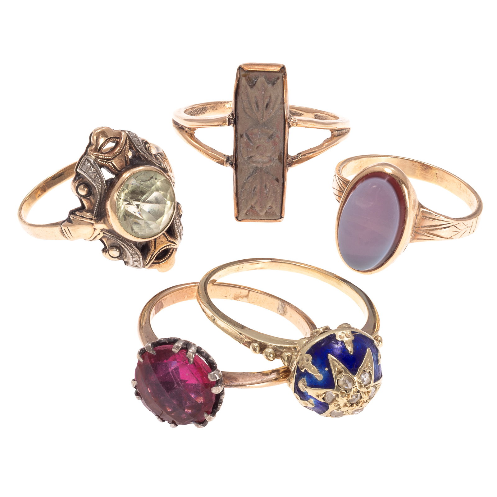 Collection of Antique and Vintage Gold Rings: Collection of Antique and Vintage Gold Rings Including one rectangular lava cameo, 10k yellow gold ring, size 8 1/2; one rose-cut diamond, cobalt blue enamel, 14k yellow gold ring, size 7; one round g