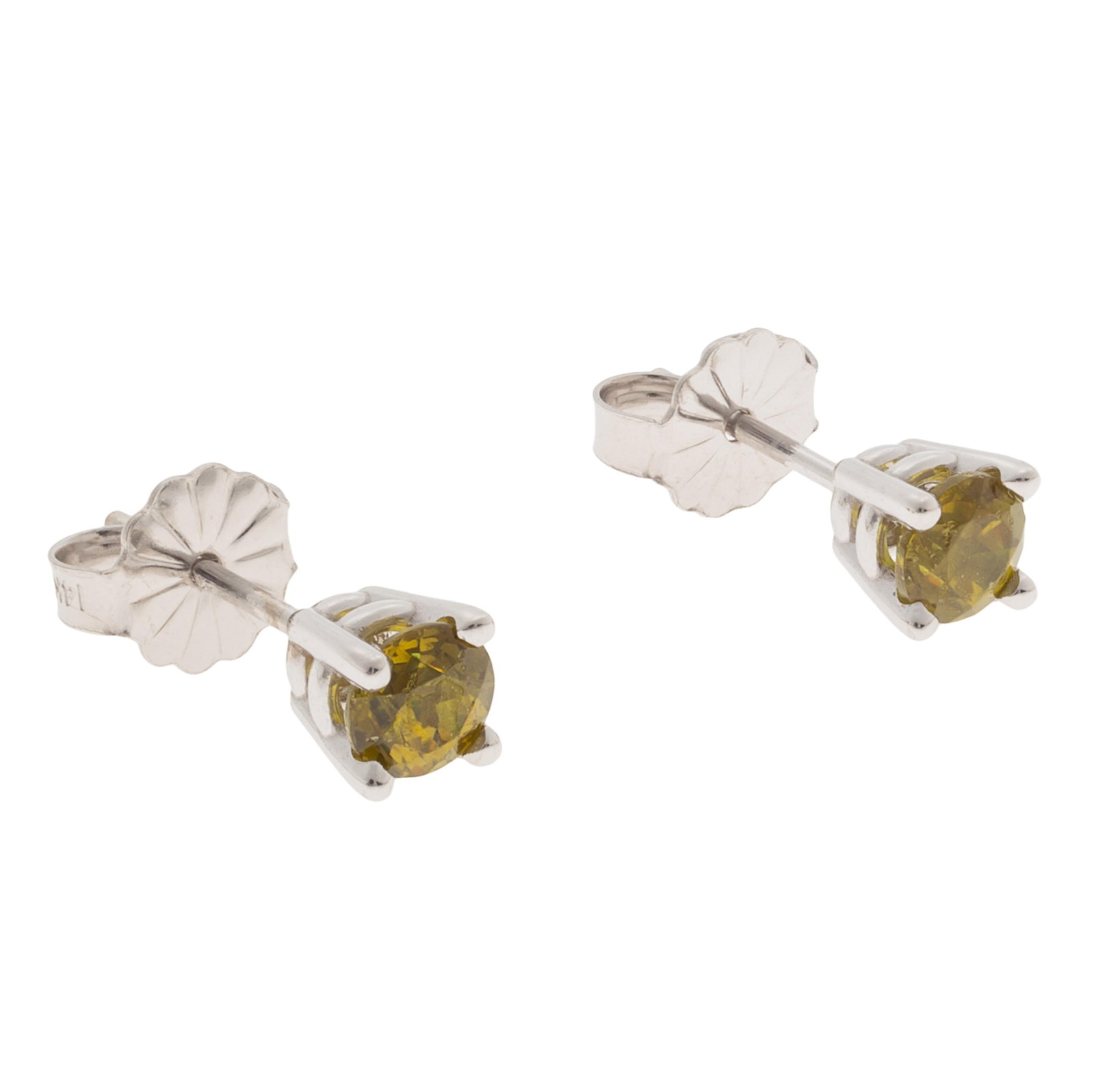 Pair of Demantoid Garnet, 14k White Gold Earrings: Pair of Demantoid Garnet, 14k White Gold Earrings Each featuring a round demantoid garnet weighing approximately 0.36 ct., set in a 14k white gold post-style earring mounting. Total weight for the pai