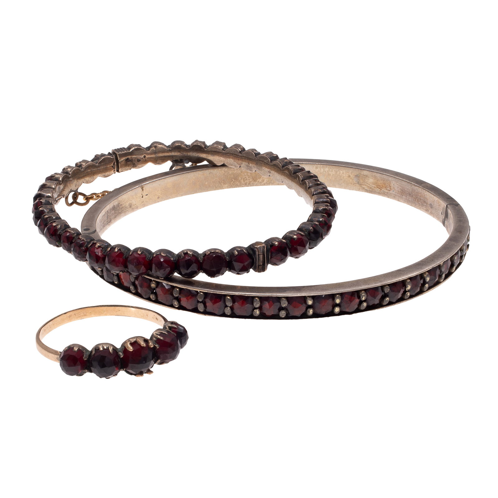 Collection of Antique Bohemian Garnet Jewelry: Collection of Antique Bohemian Garnet Jewelry Including one garnet, silver bangle bracelet, inner circumference 7 inches; one garnet, hinged silver bracelet, inner circumference 5 1/2 inches; together