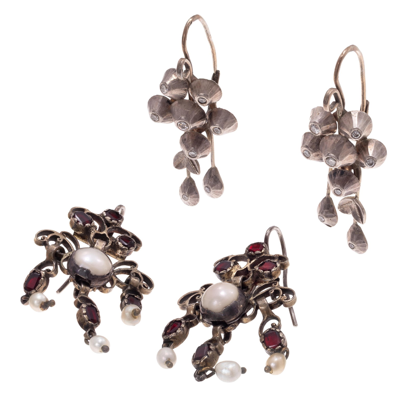 Two Pairs of Silver, Diamond, Glass, Pearl Earrings (1 of 5)