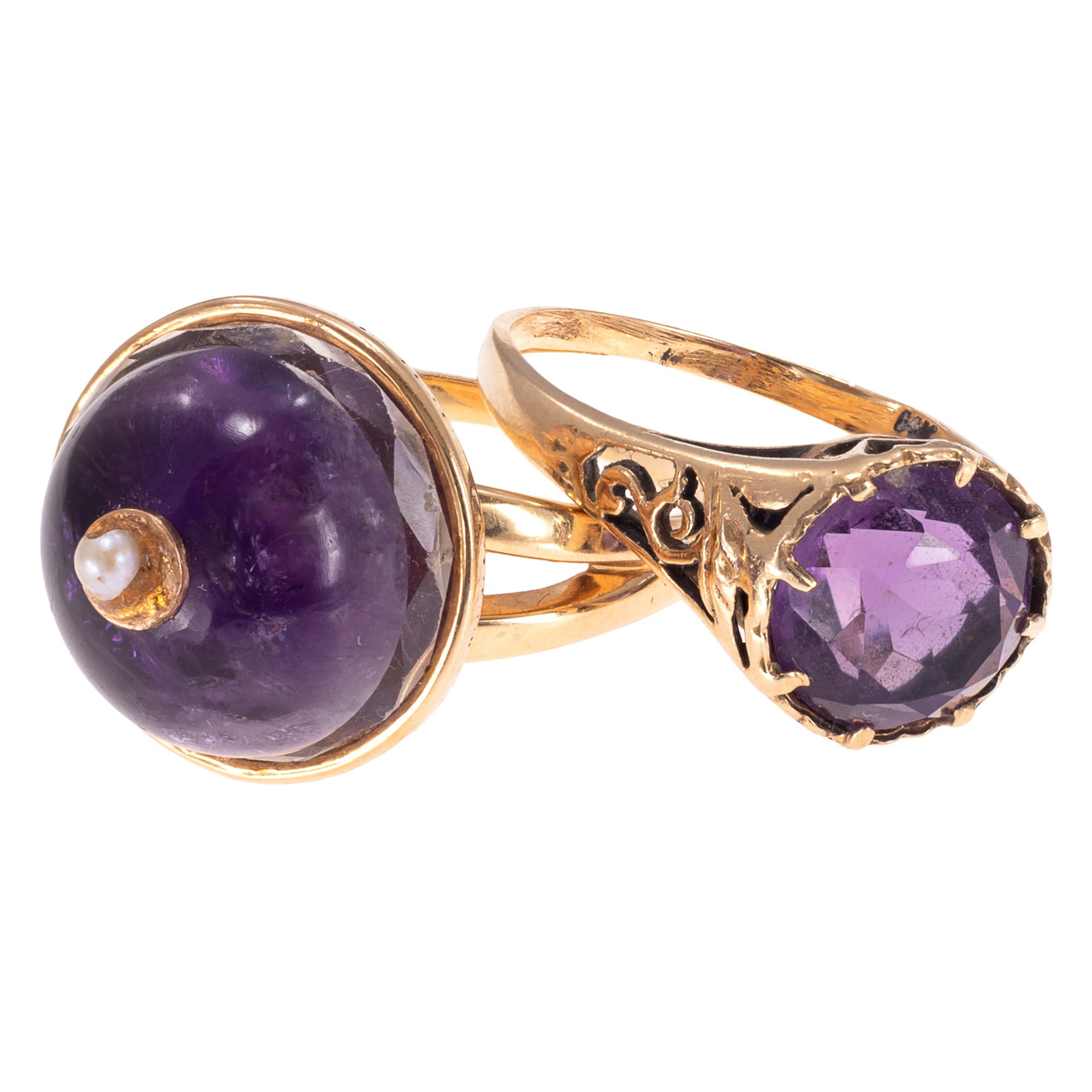 Two Art Deco Style Amethyst, 14k Yellow Gold Rings: Two Art Deco Style Amethyst, 14k Yellow Gold Rings Including one Art Deco ring centering a round-cut amethyst weighing approximately 2.15 ct., set in a 14k yellow gold, filigree ring mounting, size 5;