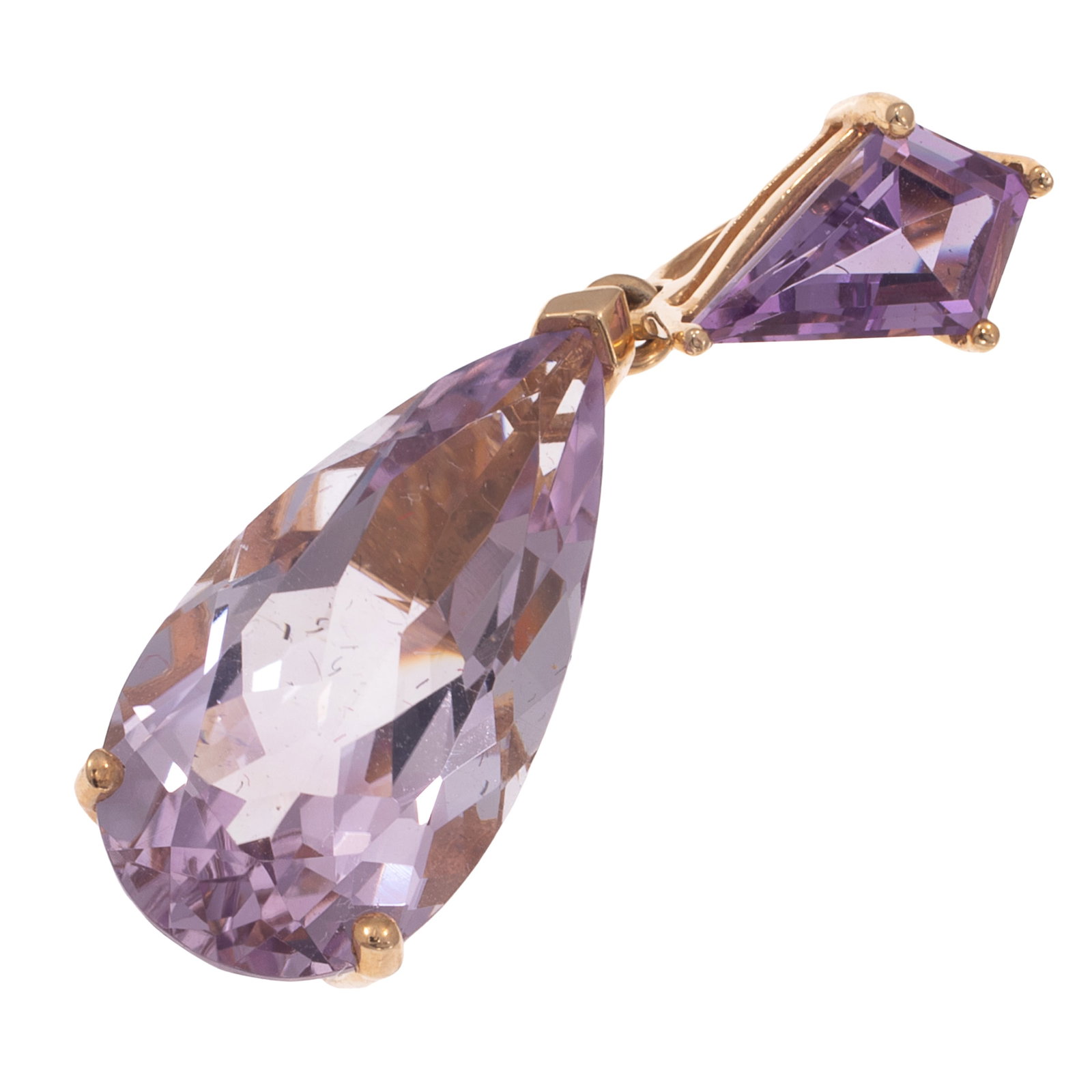 Amethyst, 14k Yellow Gold Pendant: Amethyst, 14k Yellow Gold Pendant Featuring one pear-shape and one kite-shape amethyst weighing a total of approximately 7.30 cttw., set in an articulated, 14k yellow gold pendant mounting measuring a