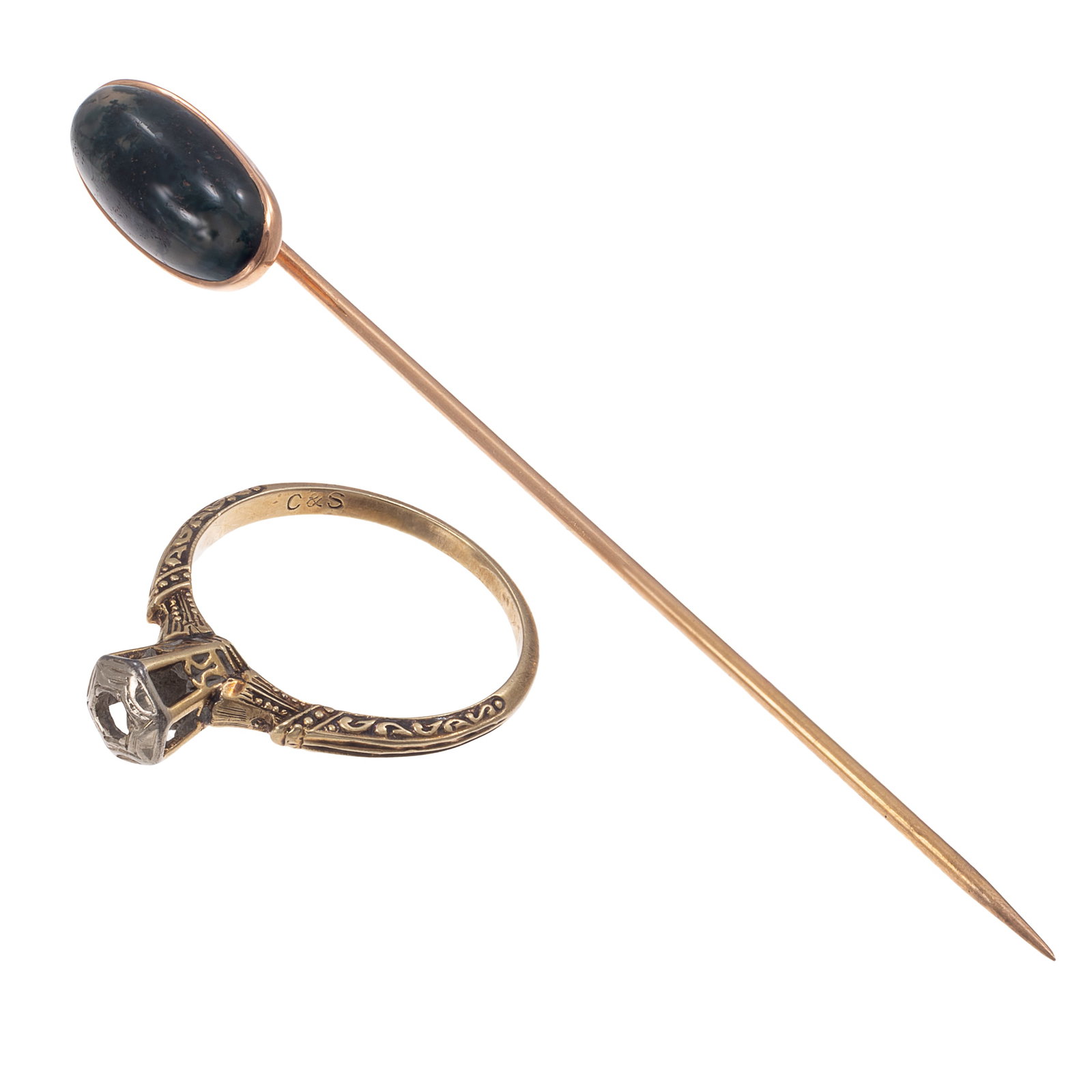 Moss Agate, 14k Stickpin with Antique 14k Ring Mounting: Moss Agate, 14k Stickpin with Antique 14k Ring Mounting Including one oval moss agate cabochon joined to a 14k yellow gold stickpin mounting measuring approximately 2.80 inches in length; together wit