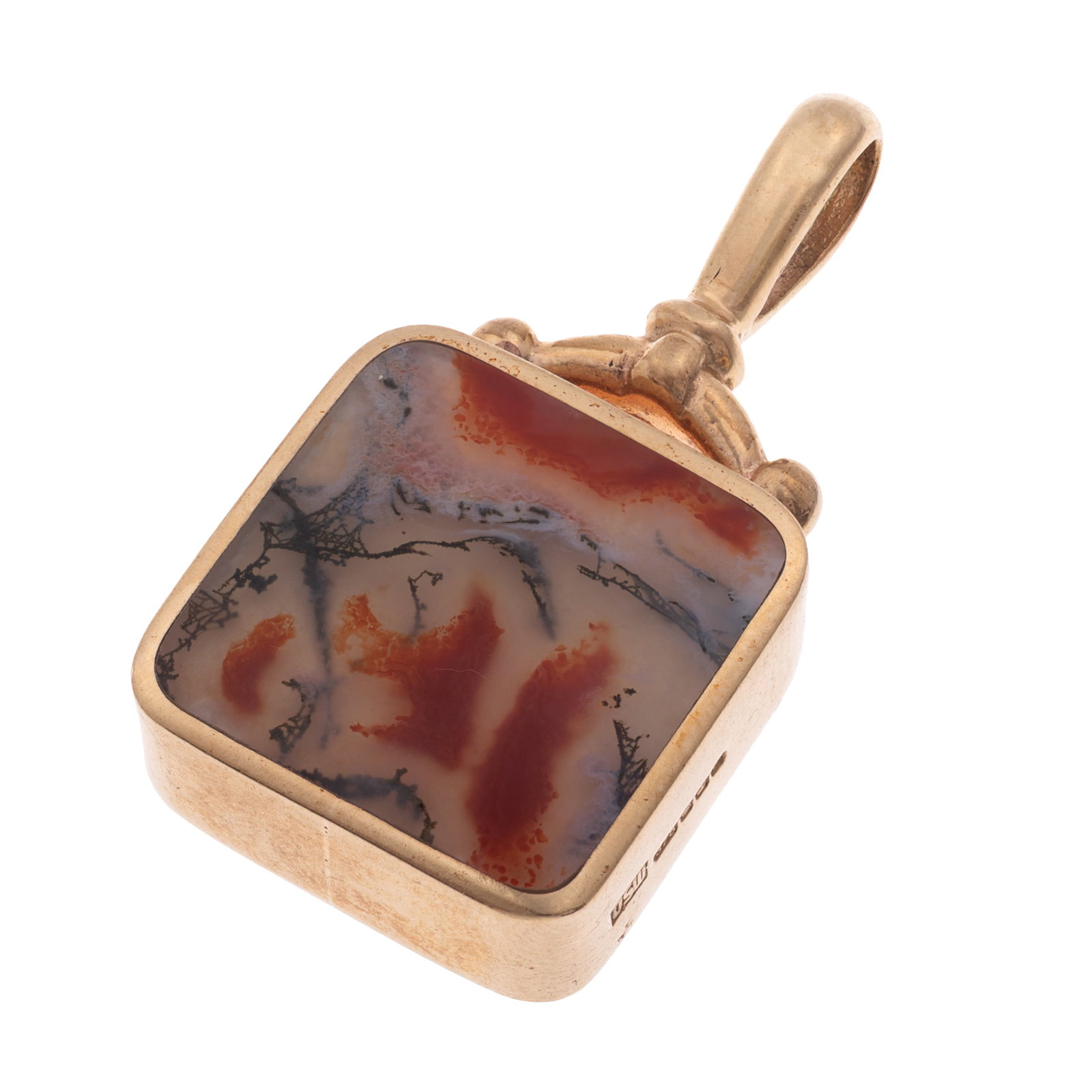 Agate, 9k Yellow Gold Fob: Agate, 9k Yellow Gold Fob Featuring a cushion-shape dendritic agate plaque, reversing to agate, set in a 9k yellow gold fob mounting measuring approximately 1.30 x 0.70 inches. Marked 'DSW' (David Sco