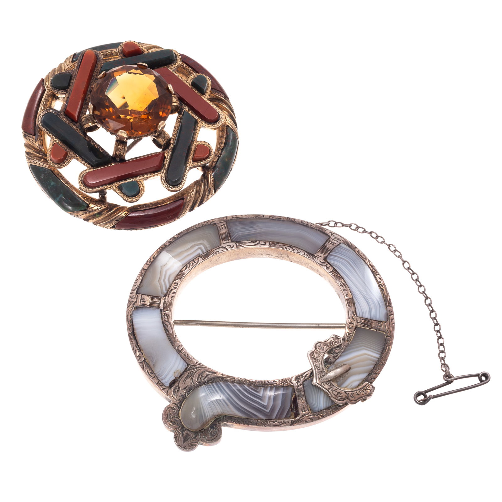 Collection of Two Victorian Scottish Citrine, Agate, Silver Brooches: Collection of Two Victorian Scottish Citrine, Agate, Silver Brooches Including one brooch centering a round-cut cairngorm (citrine), accented by elongated oval bloodstone and jasper, set in a circular