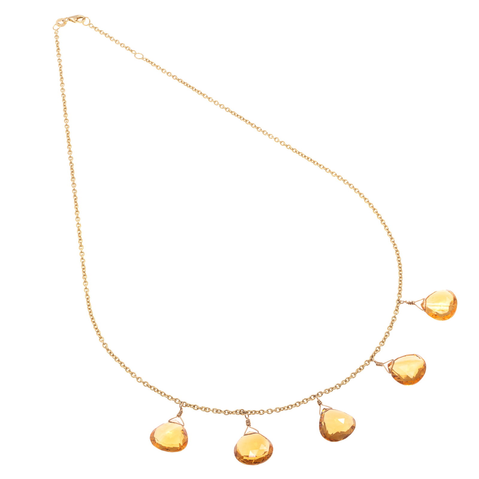 Citrine, 14k Yellow Gold Necklace: Citrine, 14k Yellow Gold Necklace Featuring five briolette-cut citrines, each measuring approximately 12.0 x 12.0 mm, suspended by 14k yellow gold cable link chain and completed by a spring ring clasp
