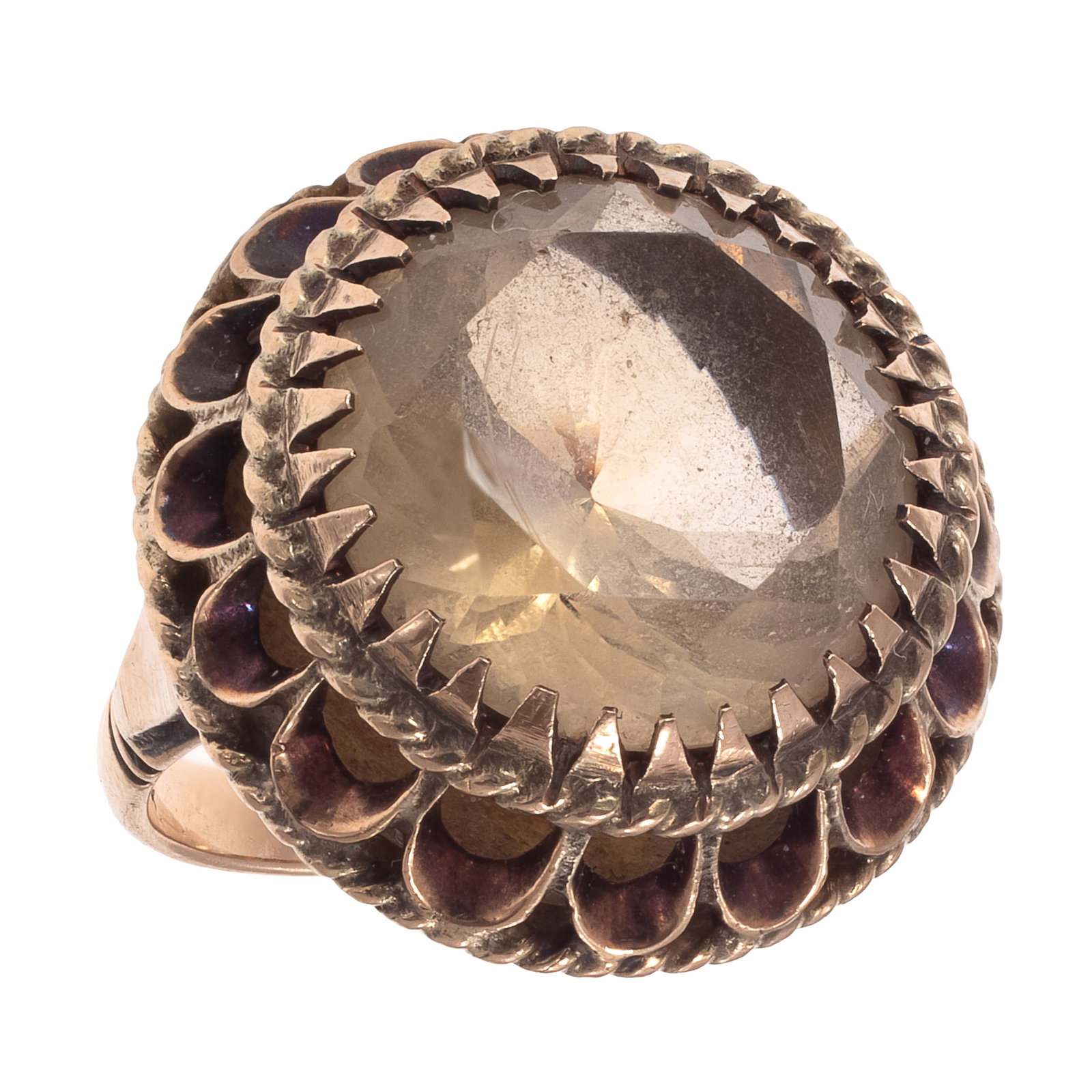 Citrine, 10k Rose Gold Ring: Citrine, 10k Rose Gold Ring Featuring one round-cut citrine weighing approximately 10.80 cts., set in a 10k rose gold ring mounting, size 7. Gross weight: 9.0 grams. Note: marked 14k, tested to 10k. F
