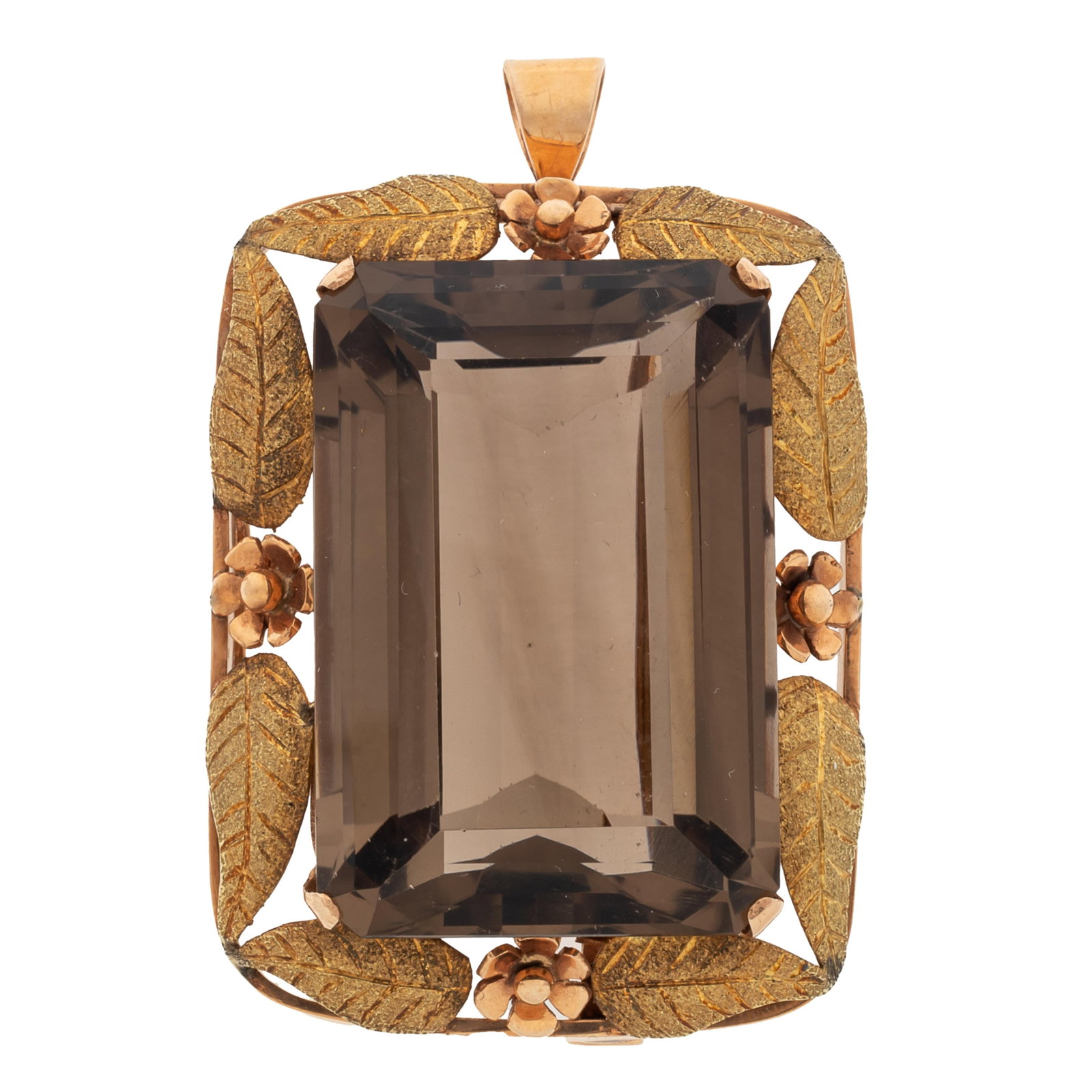 Smoky Quartz, 14k Rose and Yellow Gold Pin Pendant: Smoky Quartz, 14k Rose and Yellow Gold Pin Pendant Featuring a rectangular step-cut smoky quartz weighing approximately 88.06 cts., set in a foliate motif, 14k yellow and rose gold pin pendant mountin