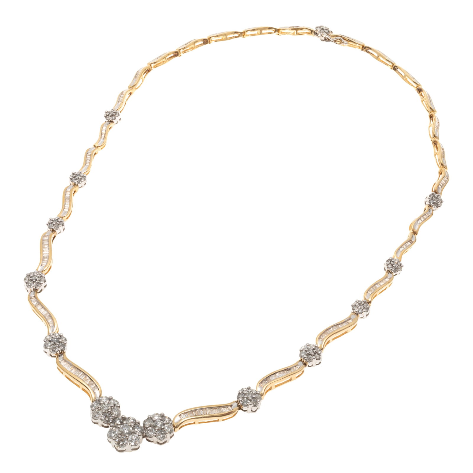 Diamond, 14k Yellow Gold Necklace: Diamond, 14k Yellow Gold Necklace Designed in a foliate motif, featuring round brilliant-cut and baguette-cut diamonds weighing a total of approximately 6.80 cttw., set in an articulated, 14k yellow g
