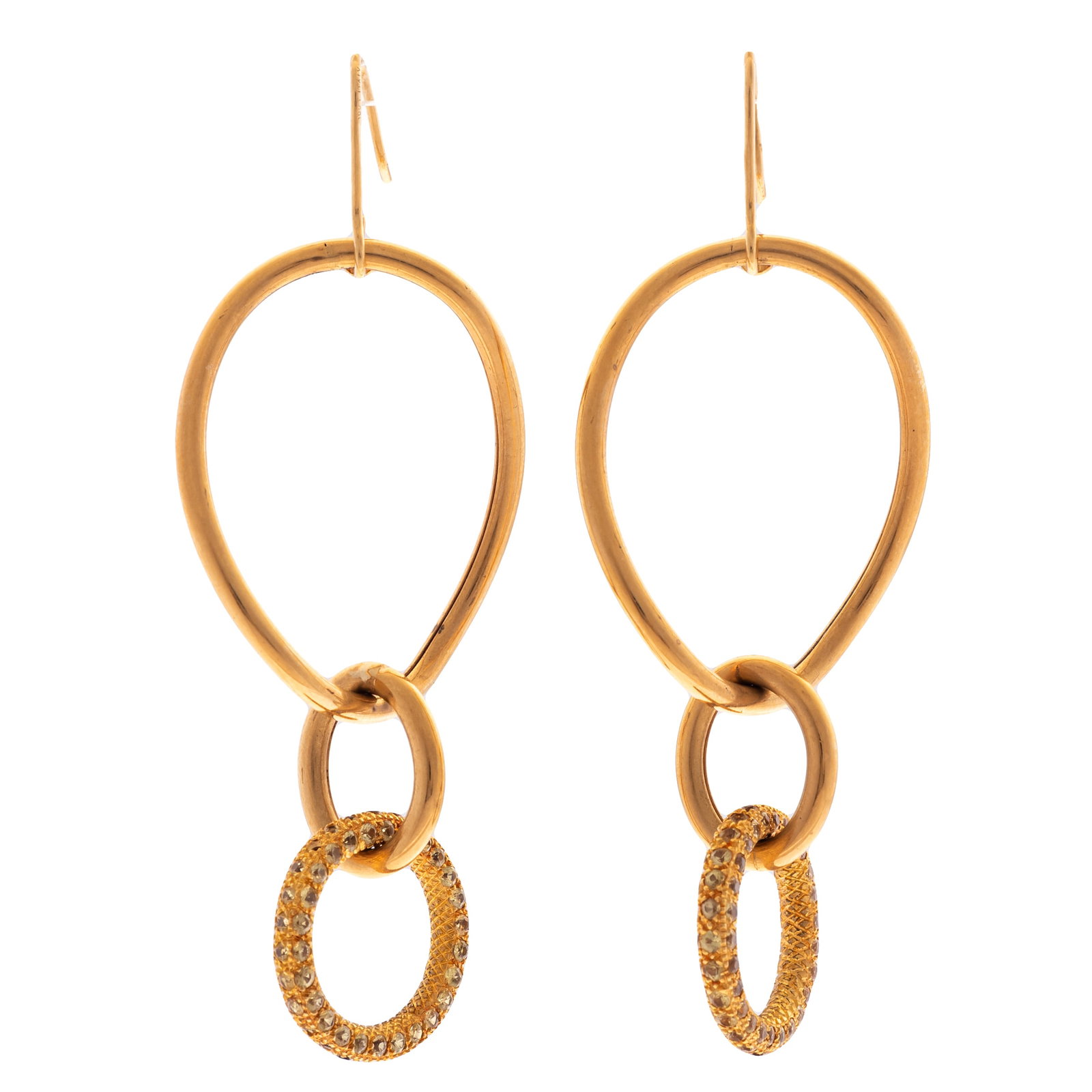 Pair of Colored Diamond, 18k Earrings, Faraone Mennella: Pair of Colored Diamond, 18k Earrings, Faraone Mennella Each designed as interlocking hoops, the bottom hoop accented by seventy-nine round-cut colored diamonds weighing a total of approximately 0.75 