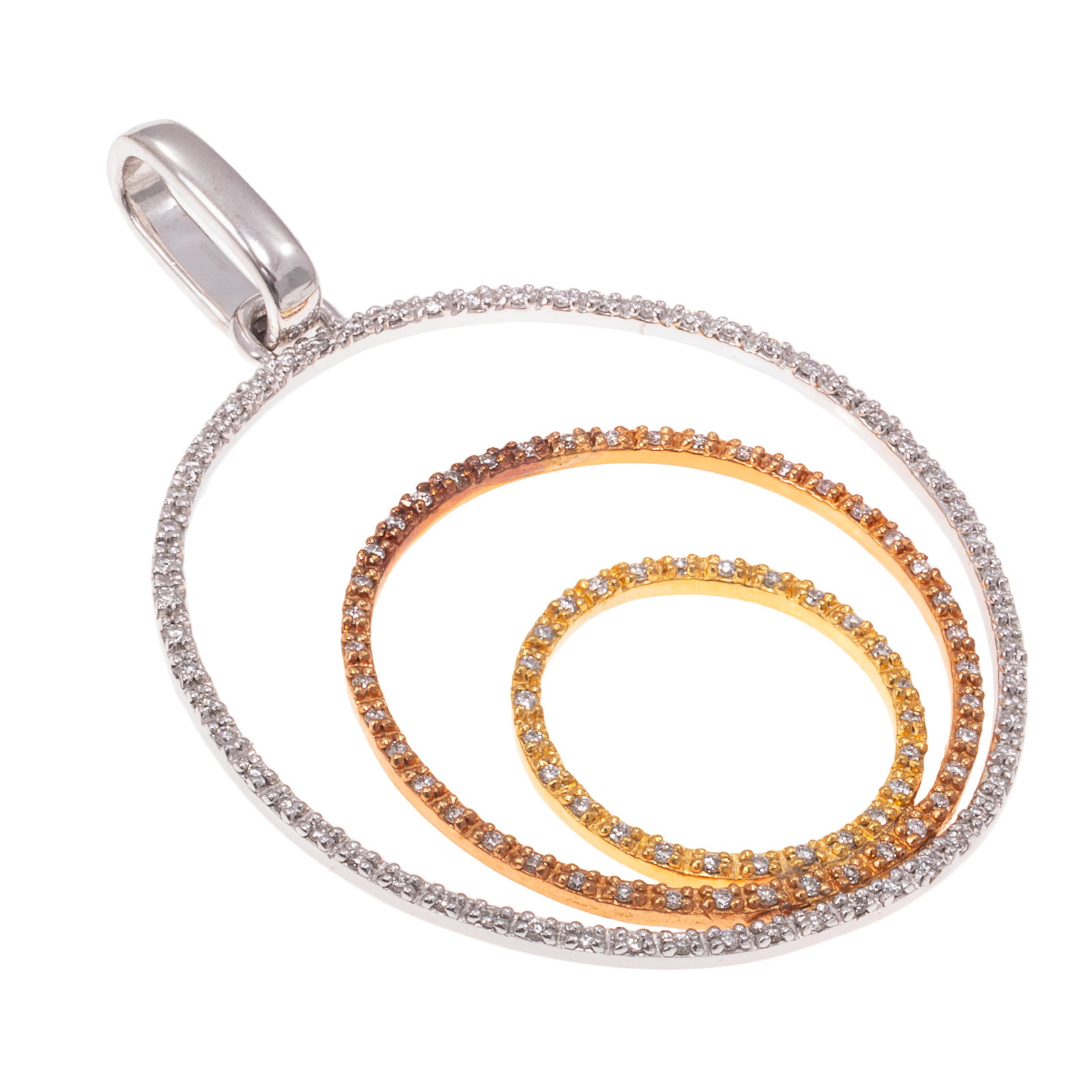 Diamond, 18k White, Rose and Yellow Gold Pendant: Diamond, 18k White, Rose and Yellow Gold Pendant Designed as three concentric circles accented by numerous round brilliant-cut diamonds weighing a total of approximately 0.62 cttw., set in a 14k white