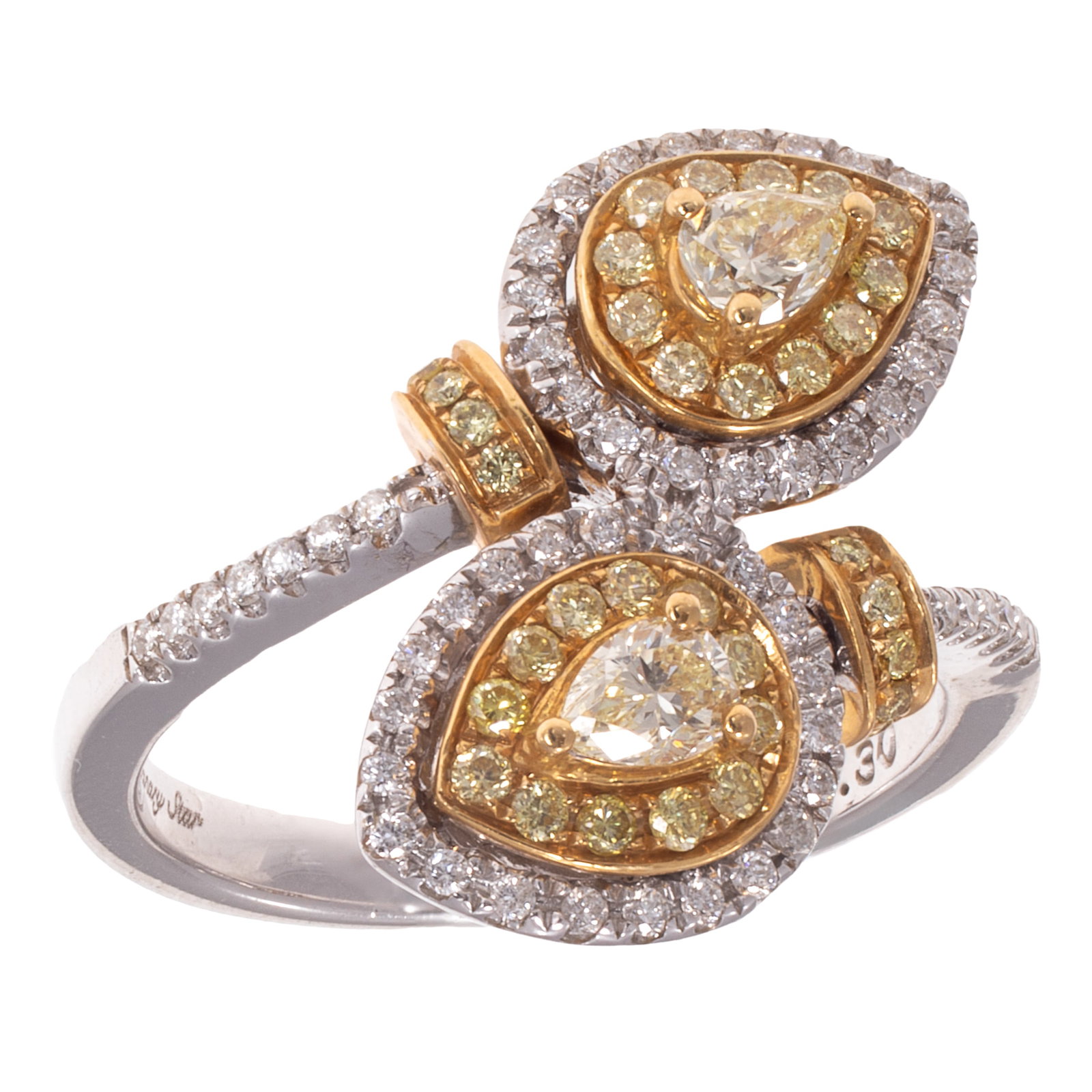 Diamond, Colored Diamond, 18k Ring, Canary Star: Diamond, Colored Diamond, 18k Ring, Canary Star Featuring two pear-shape diamonds weighing a total of approximately 0.30 cttw., accented by thirty-six yellow diamonds and fifty-six diamonds weighing a