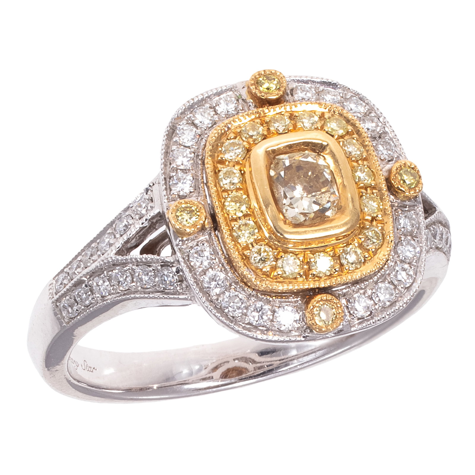 Colored Diamond, Diamond, 18k Ring, Canary Star: Colored Diamond, Diamond, 18k Ring, Canary Star Centering one cushion-shape yellow diamond weighing approximately 0.34 ct., accented by twenty round brilliant-cut yellow diamonds and thirty-two round 