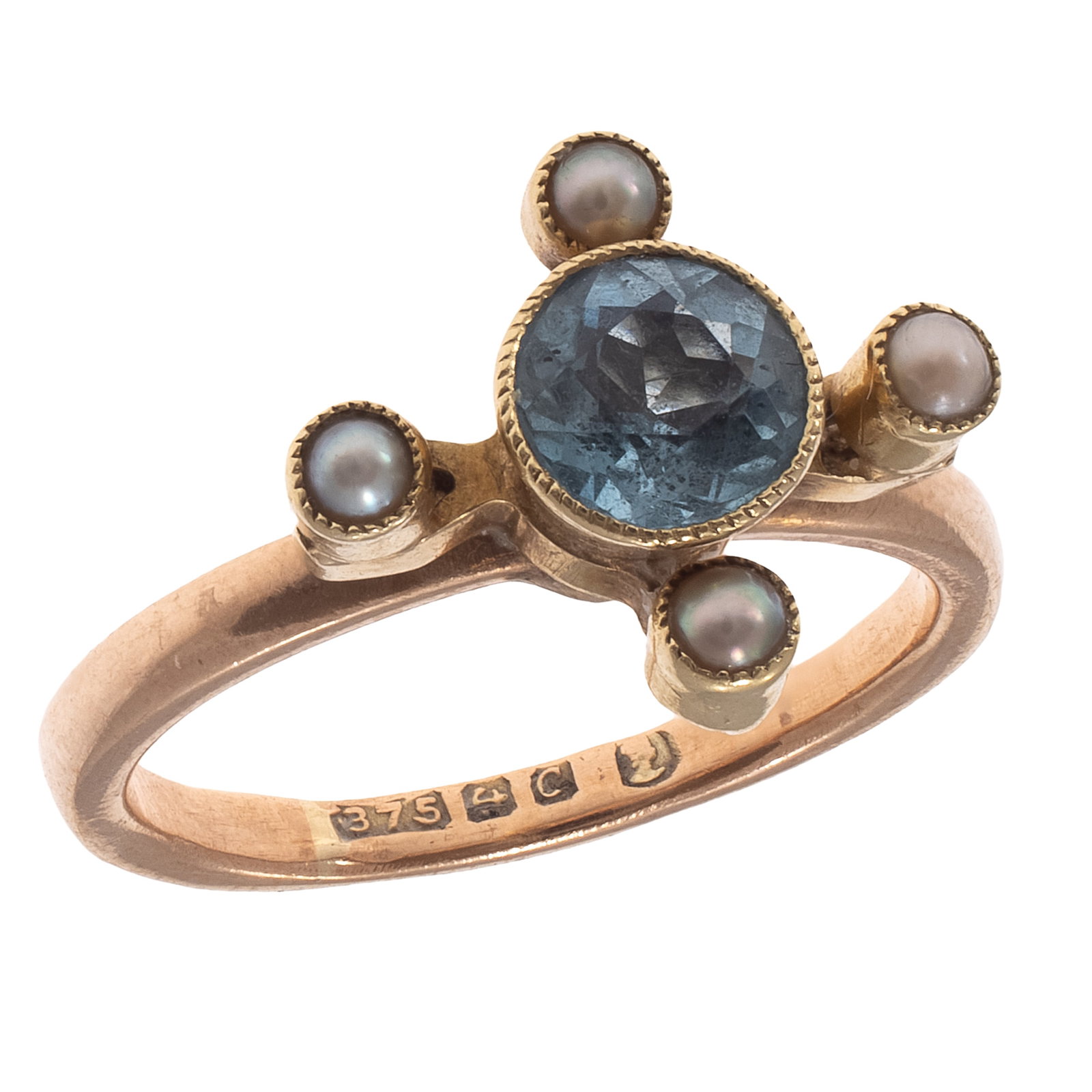 Mid-Century Aquamarine, Cultured Pearl, 9k Yellow Gold Ring: Mid-Century Aquamarine, Cultured Pearl, 9k Yellow Gold Ring Centering one round-cut aquamarine weighing approximately 0.50 ct., accented by four round cultured pearls, each measuring approximately 2.0
