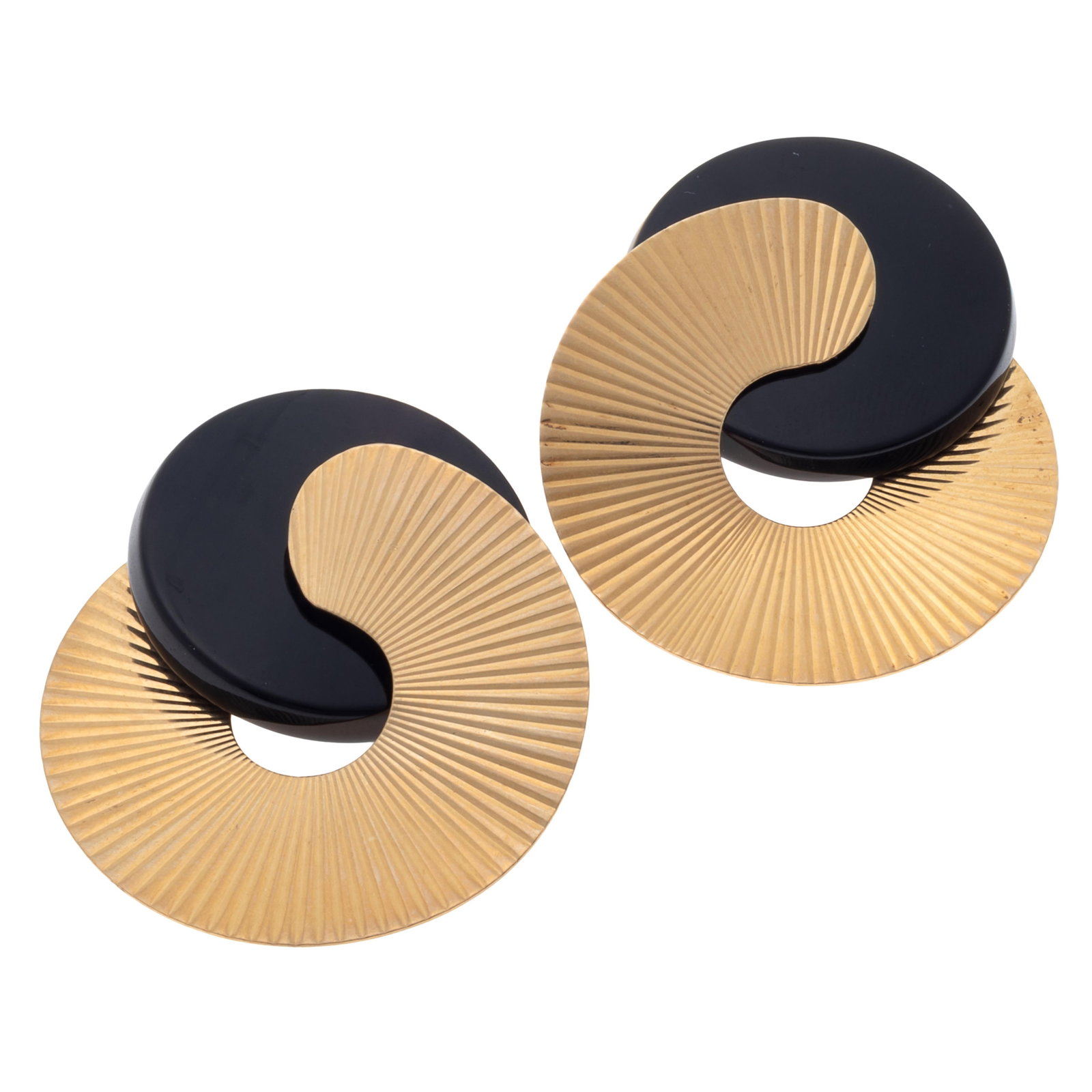 Pair of Onyx, 14k Yellow Gold Earrings: Pair of Onyx, 14k Yellow Gold Earrings Featuring a circular onyx disc set in a ribbed, 14k yellow gold earring mounting, each measuring approximately 1.55 x 1.25 inches. Gross weight: 13.8 grams.