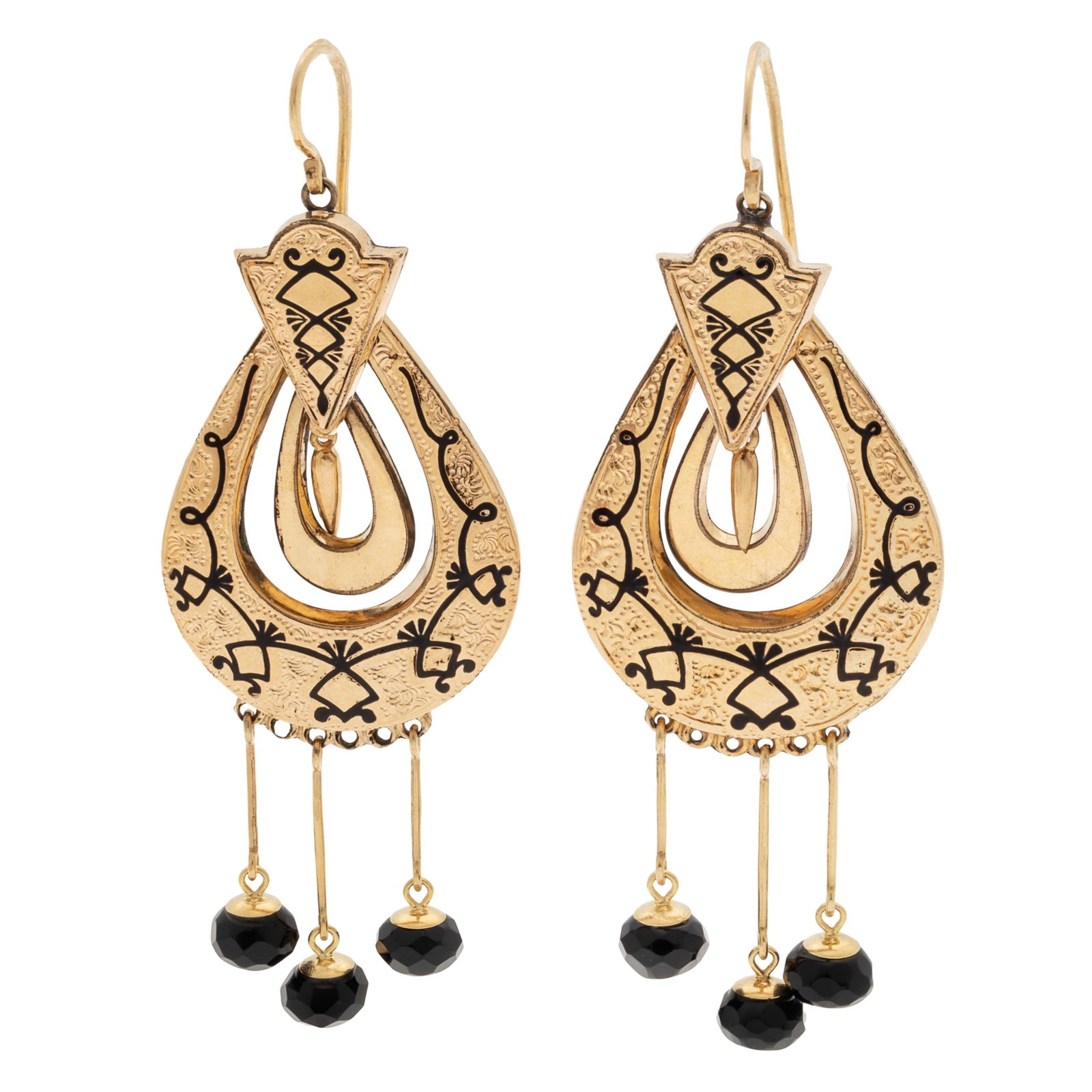 Pair of Onyx, Enamel, 14k Earrings: Pair of Onyx, Enamel, 14k Earrings Designed as concentric ovals highlighted with black champleve enamel, suspending three faceted onyx beads and set in a 14k yellow gold, articulated earring mounting,