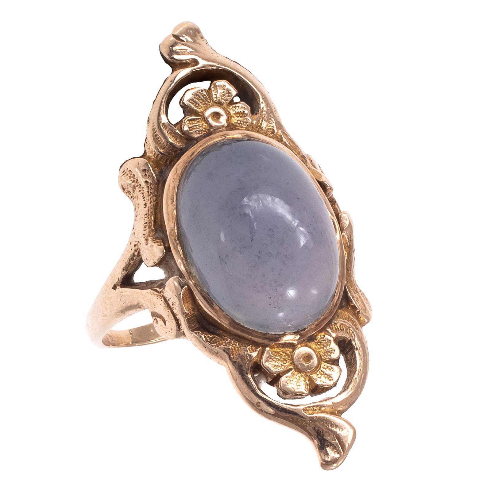 Chalcedony, 14k Yellow Gold Ring: Chalcedony, 14k Yellow Gold Ring Centering one oval chalcedony cabochon measuring approximately 15.0 x 10.0 mm, set in a 14k yellow gold, foliate motif ring mounting, size 7 1/4. Gross weight: 6.1 gra