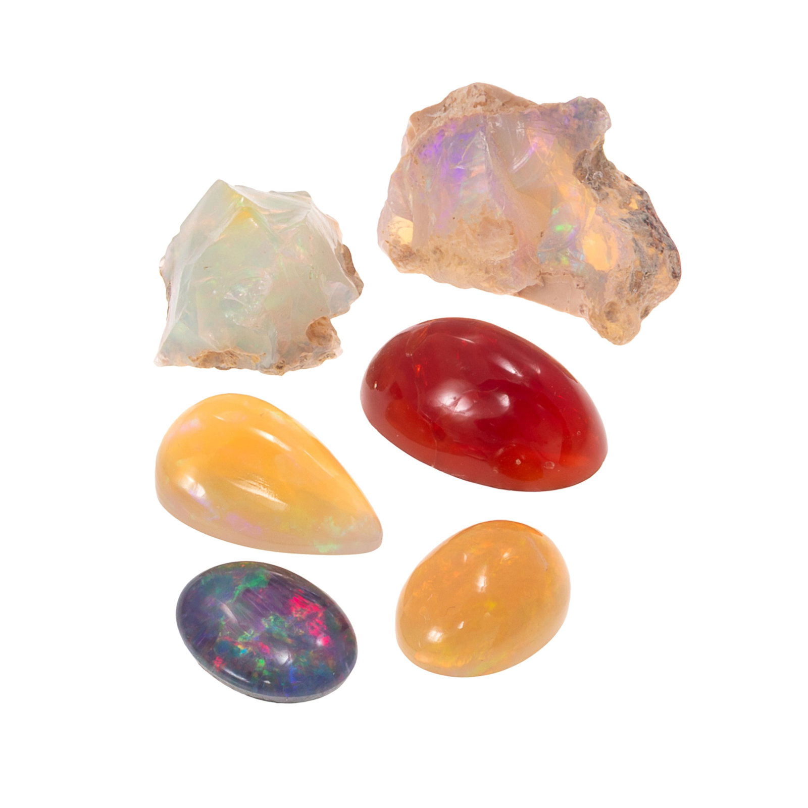 Collection of Unmounted Opals: Collection of Unmounted Opals Collection of unmounted opals including two oval, one oval triplet, one pear, and two rough opals weighing a total of approximately 20.94 cts.