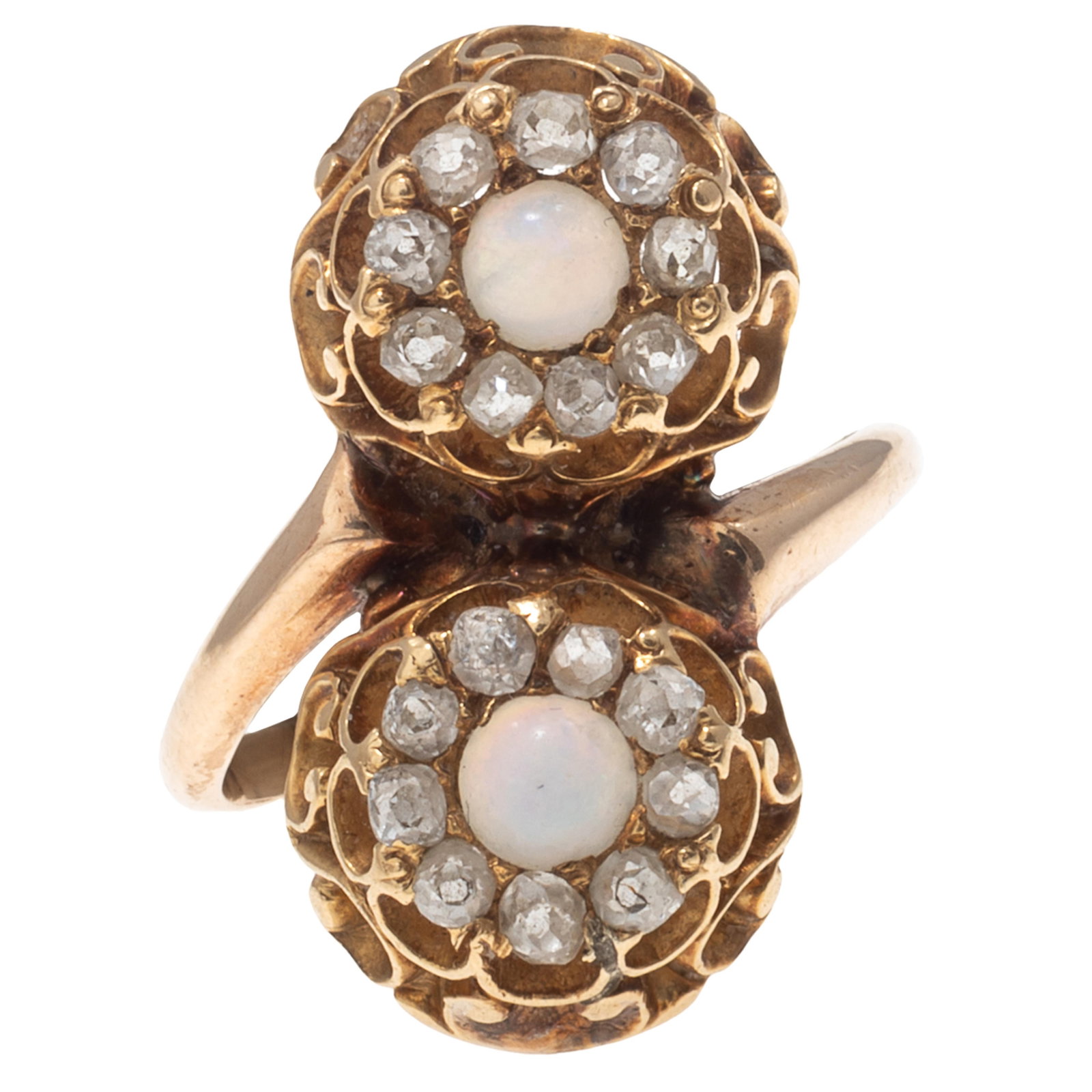 Opal, Diamond, 10k Yellow Gold Toi et Moi Ring: Opal, Diamond, 10k Yellow Gold Toi et Moi Ring Featuring two round-cut opal cabochons, each measuring approximately 4.0 mm, framed by old-cut diamonds weighing a total of approximately 0.54 cttw., set