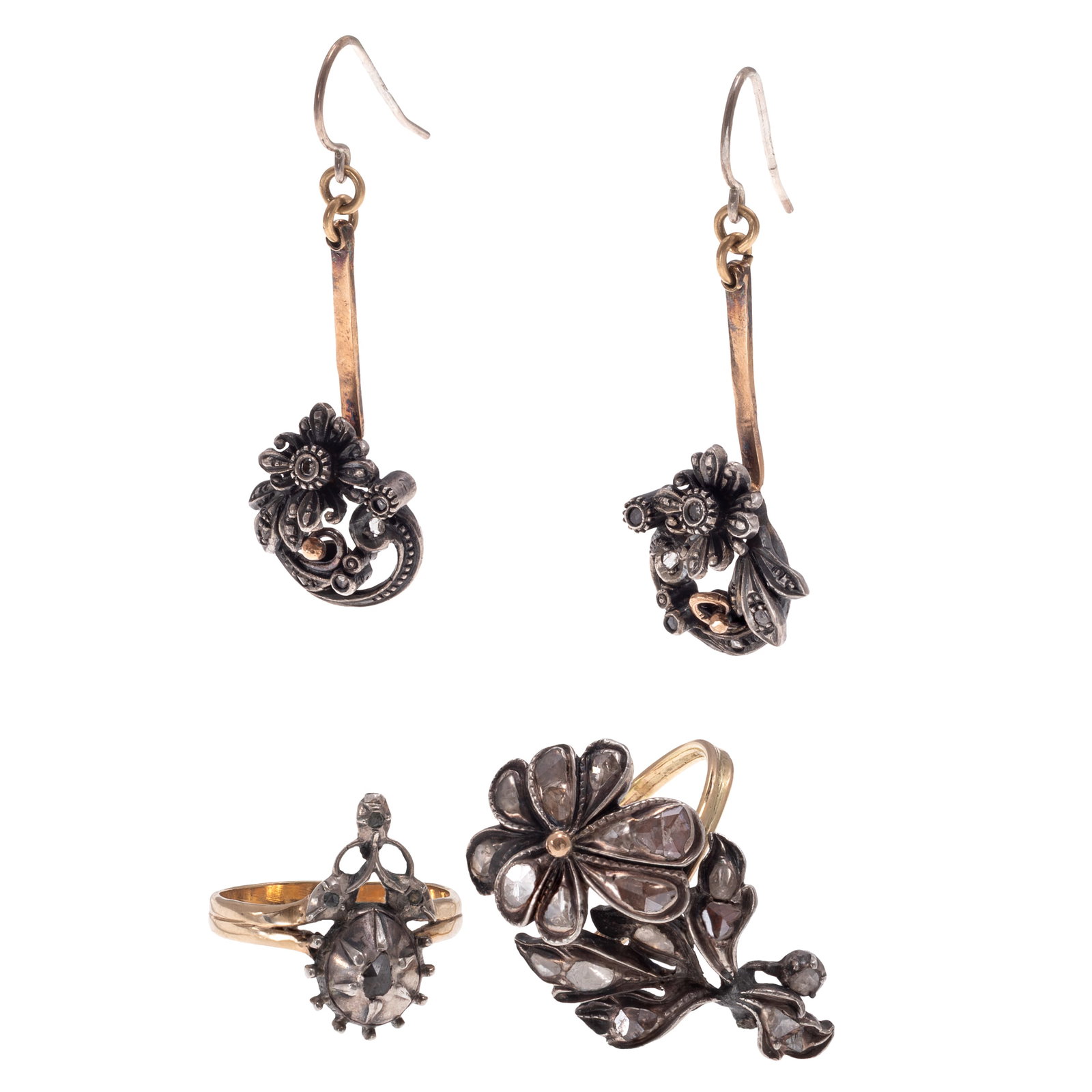 Collection of Diamond, Gold, Silver Jewelry: Collection of Diamond, Gold, Silver Jewelry Including a ring designed as a single flower with leaves, featuring nineteen rose-cut diamonds set in a silver-topped, 14k yellow gold mounting, size 7