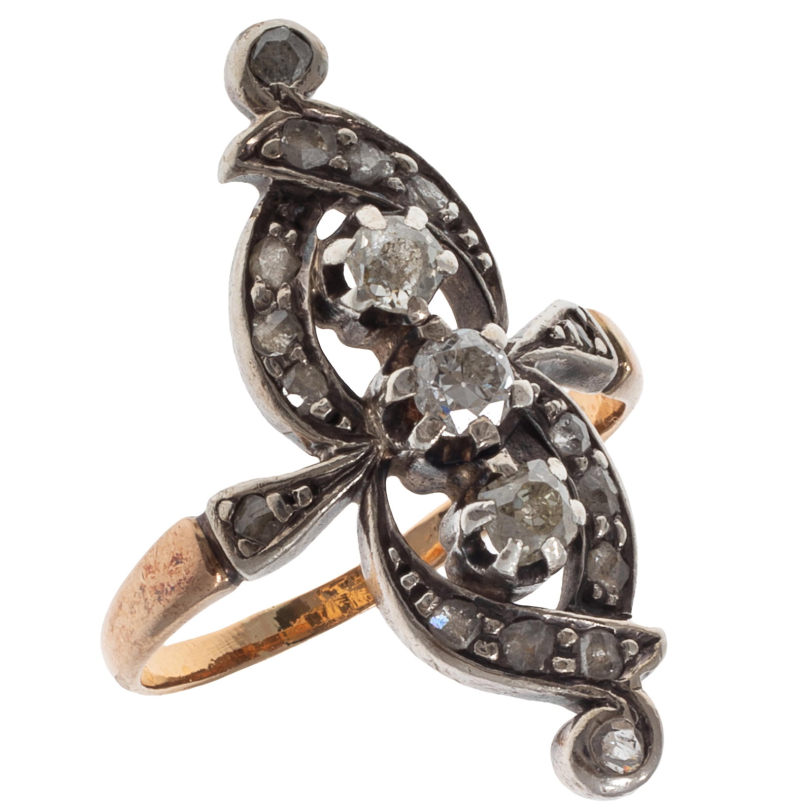 Victorian Diamond, 18k, Silver Ring: Victorian Diamond, 18k, Silver Ring Featuring one circular brilliant-cut and two mine-cut diamonds weighing a total of approximately 0.26 cttw., accented by sixteen rose-cut diamonds, set in a