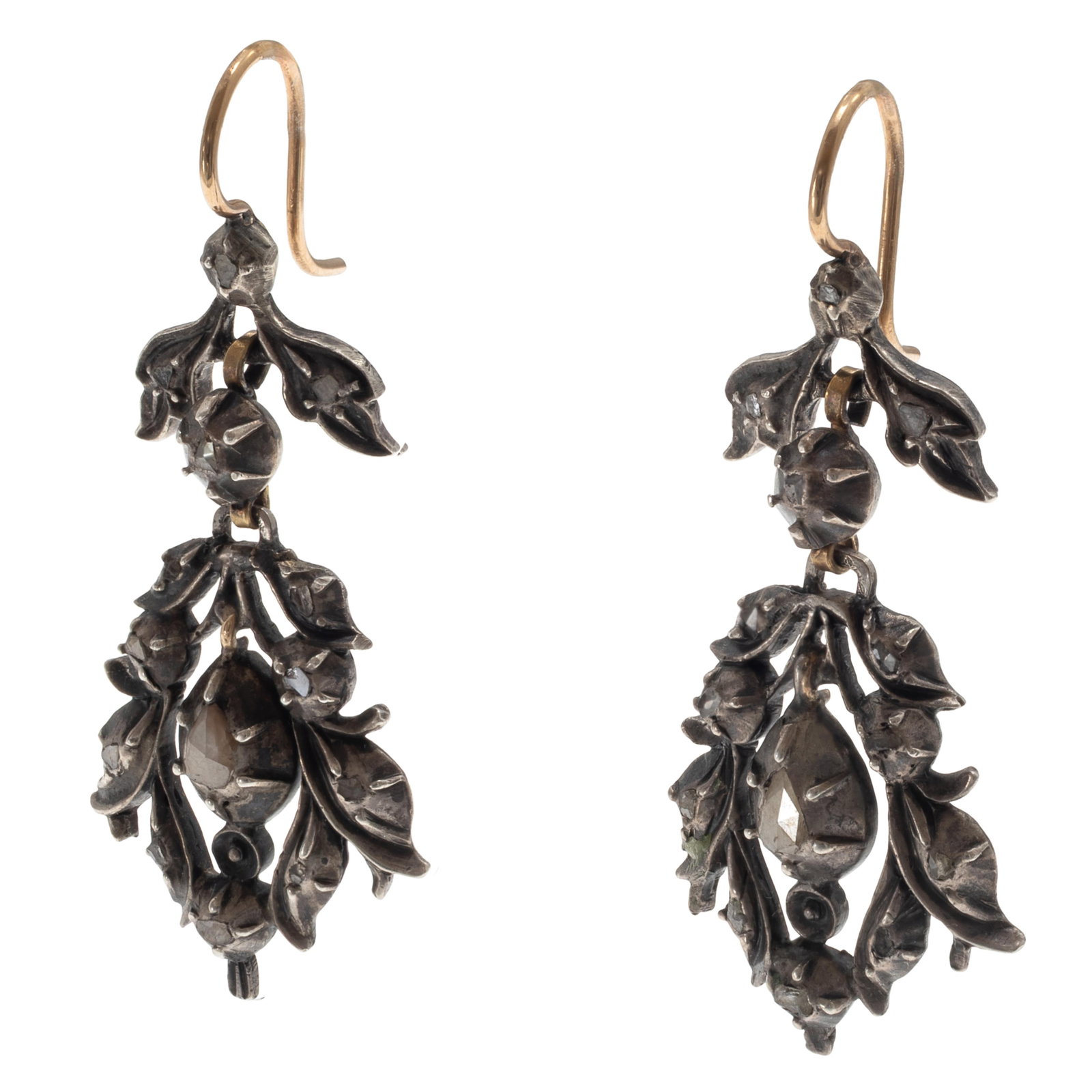 Pair of Diamond, 14k, Silver Earrings: Pair of Diamond, 14k, Silver Earrings Designed as leaves highlighted by fourteen rose-cut diamonds, set in an articulated, silver-topped, 14k yellow gold earring mounting, each measuring