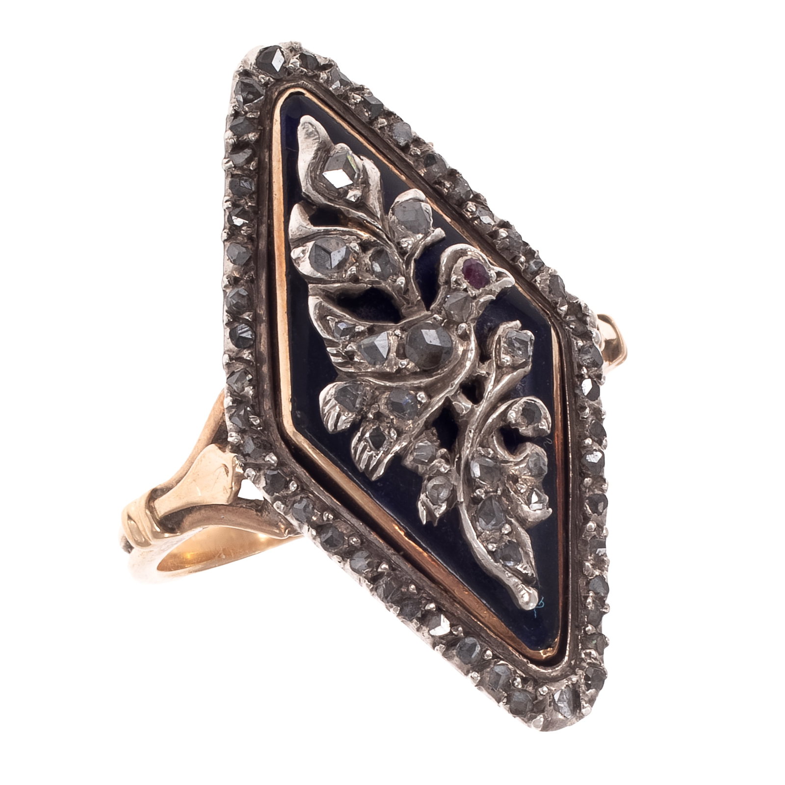 Georgian Diamond, Ruby, Enamel, 14k, Silver Ring: Georgian Diamond, Ruby, Enamel, 14k, Silver Ring Designed as a bird on a flowering branch, the eye one round-cut ruby, the bird's body, foliage and frame accented by rose-cut diamonds, applied to a bl