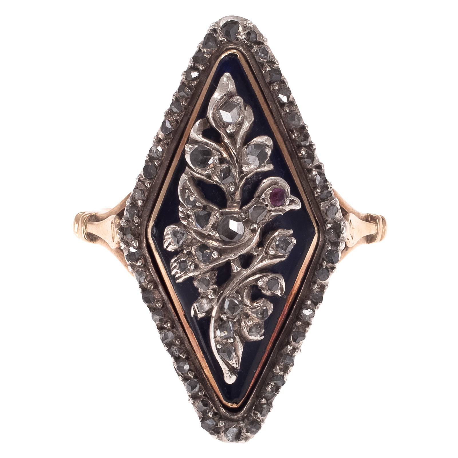 Georgian Diamond, Ruby, Enamel, 14k, Silver Ring - 2