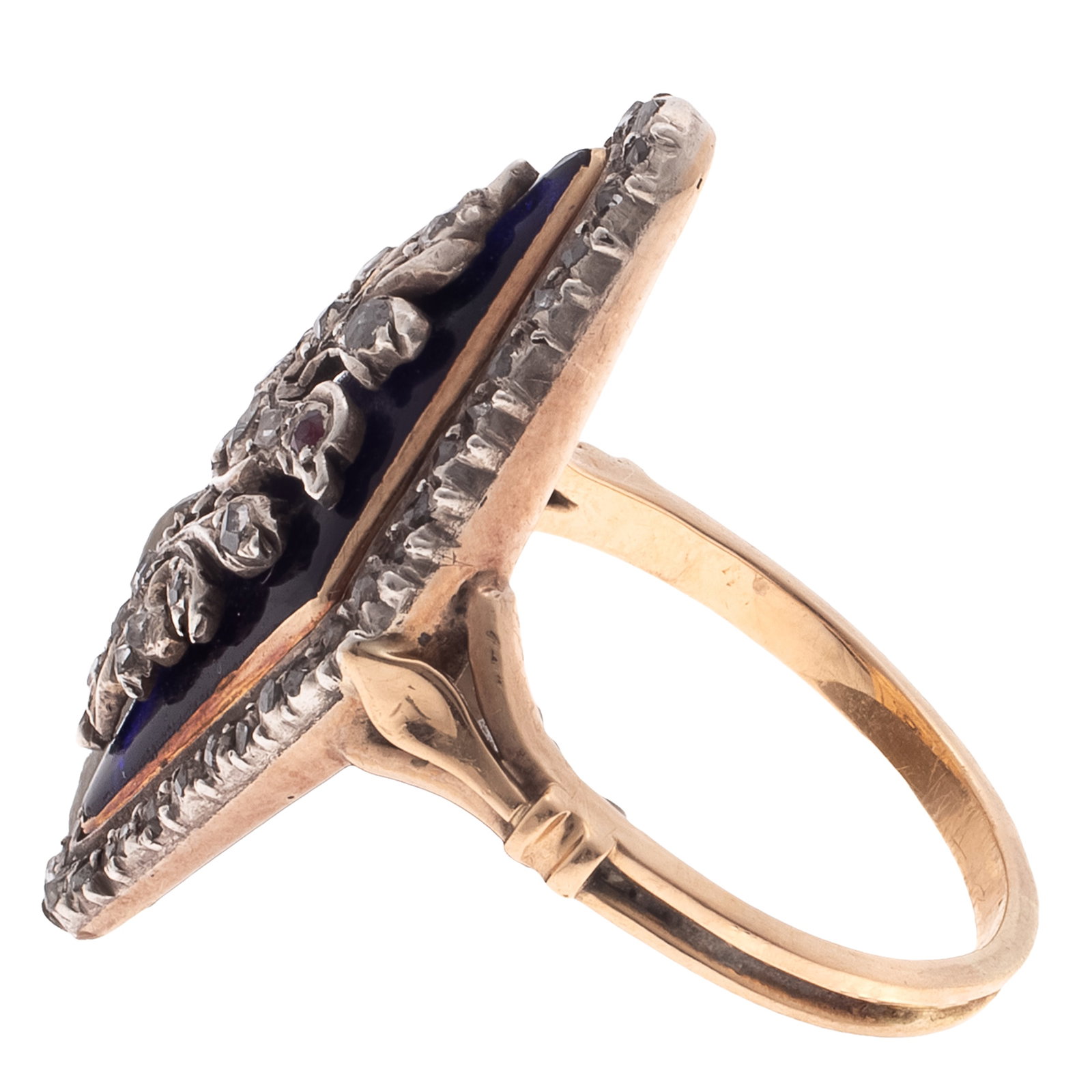 Georgian Diamond, Ruby, Enamel, 14k, Silver Ring - 3