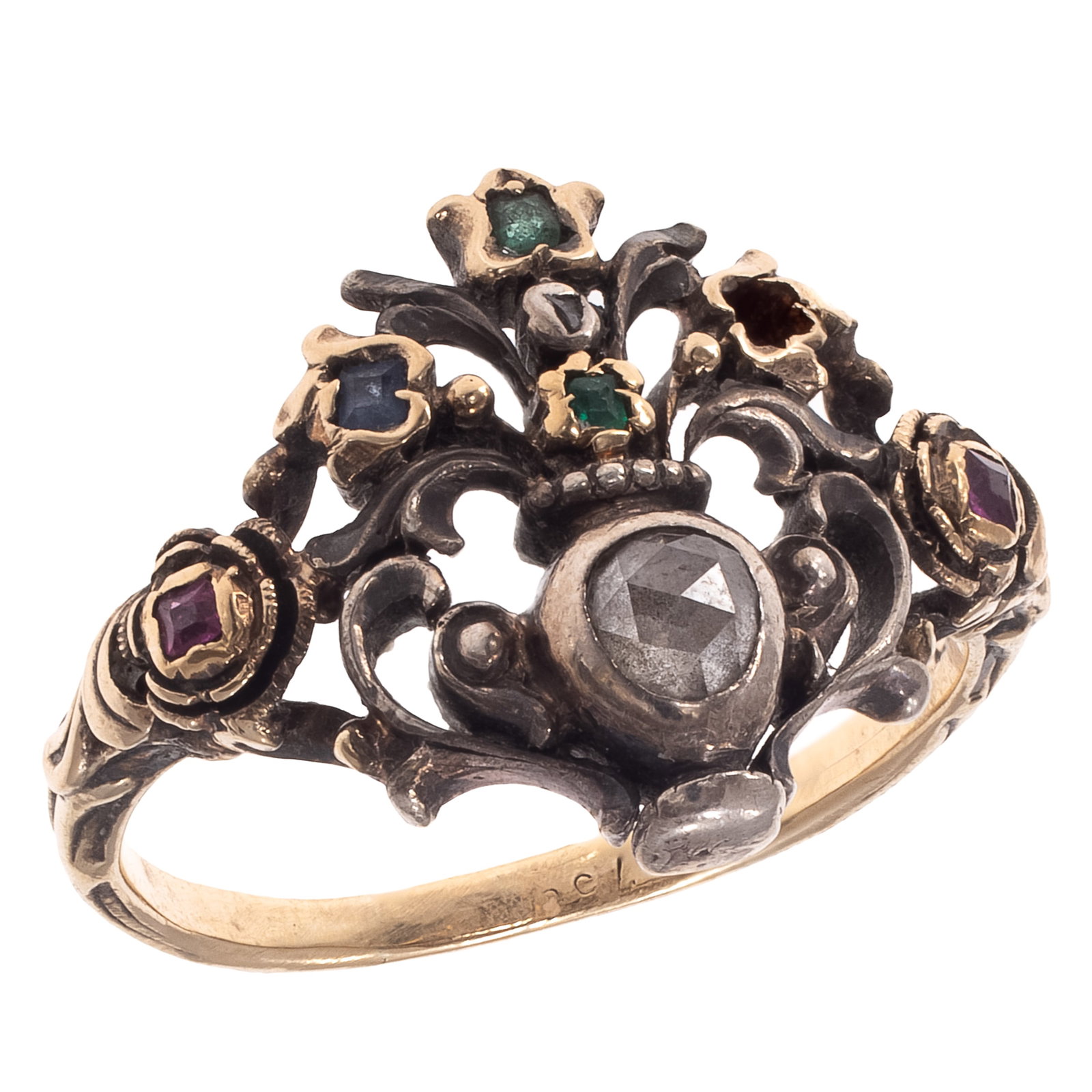 Diamond, Emerald, Ruby, Sapphire, 14k, Silver Giardinetti Ring: Diamond, Emerald, Ruby, Sapphire, 14k, Silver Giardinetti Ring Designed as a vase with flowers accented by two rose-cut diamonds, two step-cut rubies, two step-cut emeralds and one sapphire (one