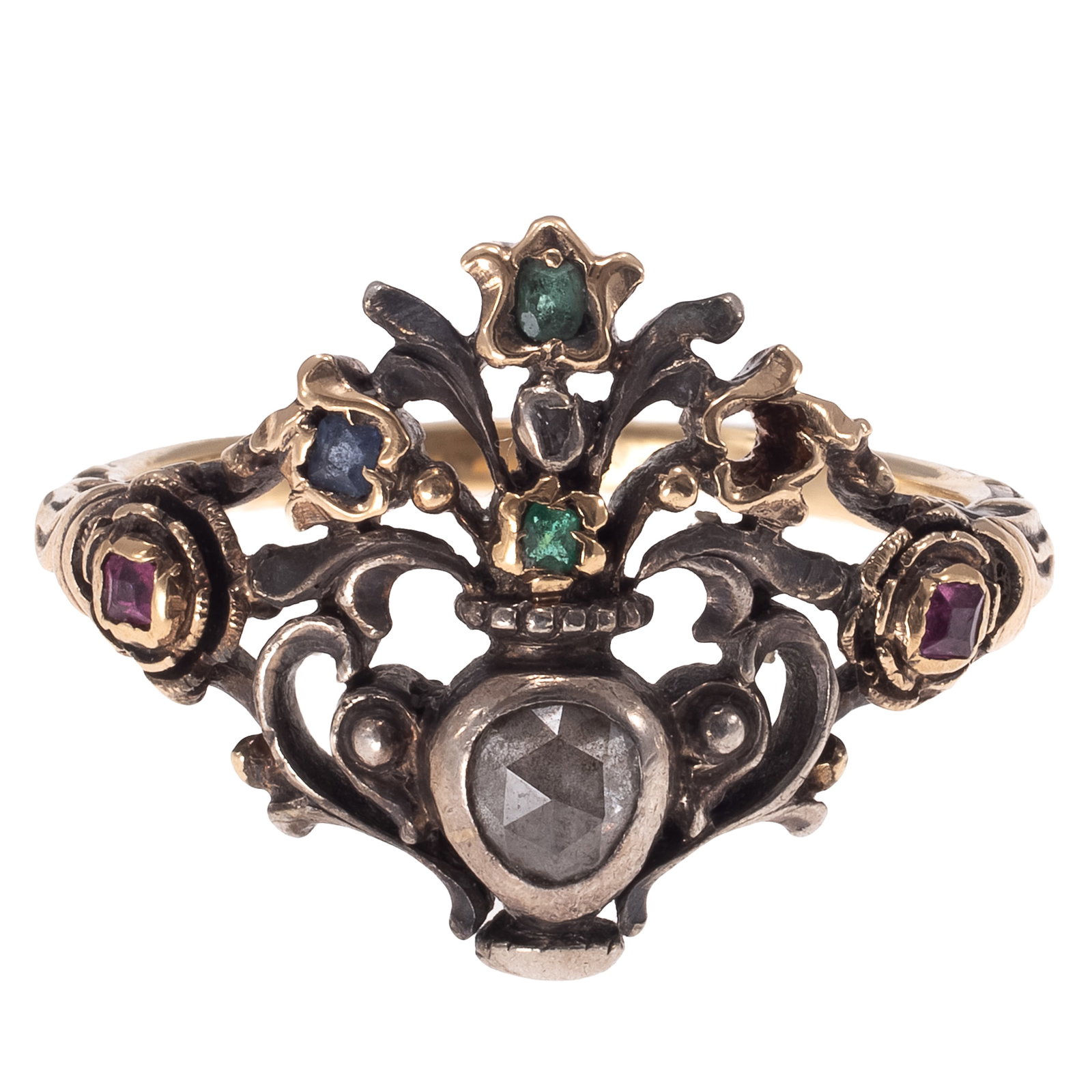 Diamond, Emerald, Ruby, Sapphire, 14k, Silver Giardinetti Ring - 2