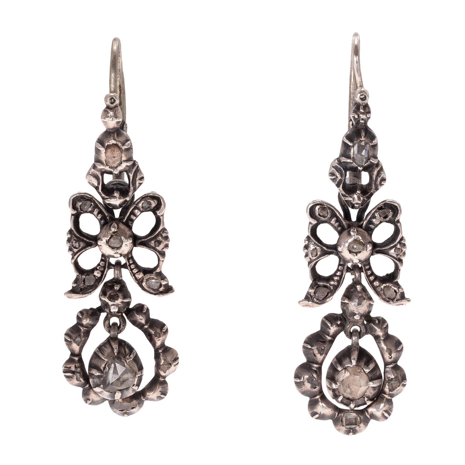 Diamond, Silver, Day and Night Earrings: Diamond, Silver, Day and Night Earrings The tested-to sterling silver earrings, each centering one rose-cut diamond, suspending a detachable bow and oval drop accented by rose and table-cut diamonds,