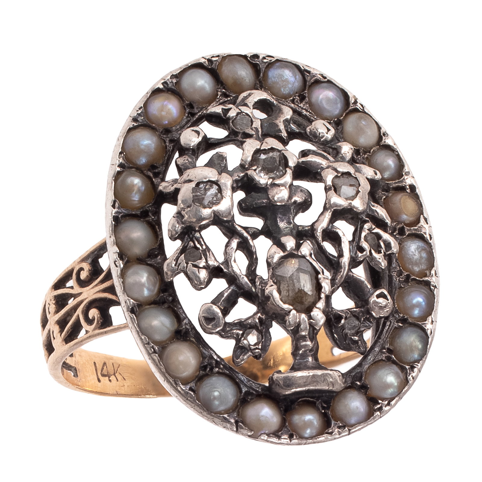 Diamond, Split Pearl, 14k, Silver Giardinetti Ring: Diamond, Split Pearl, 14k, Silver Giardinetti Ring Designed as a vase with flowers accented by eight rose-cut and one mine-cut diamond, framed by split pearls and set in silver-topped, 14k yellow