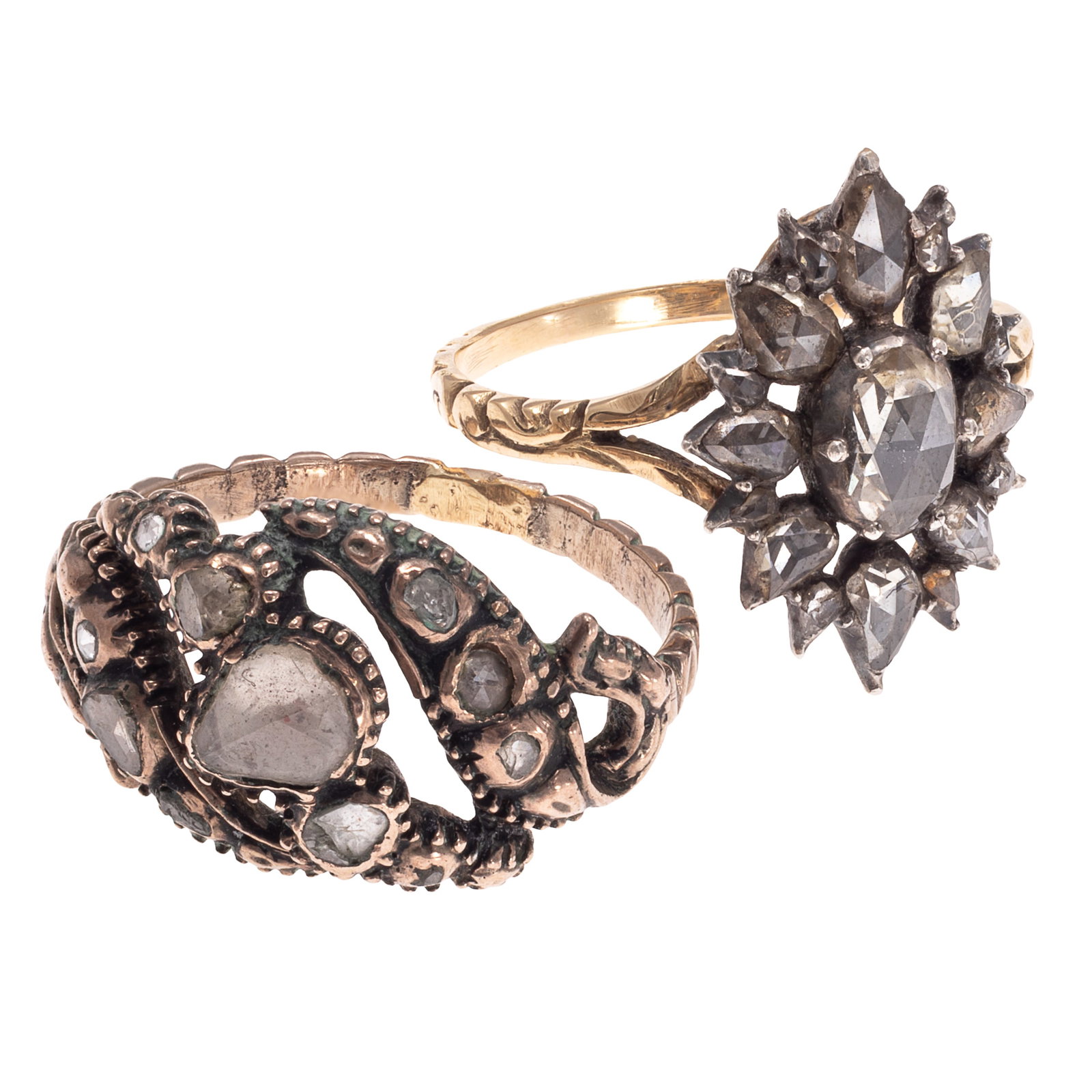 Collection of Two Diamond, 14k, Silver Rings: Collection of Two Diamond, 14k, Silver Rings Including one ring centering an oval, rose-cut diamond measuring approximately 6.25 x 4.40 mm framed by sixteen radiating, rose-cut diamonds measuring