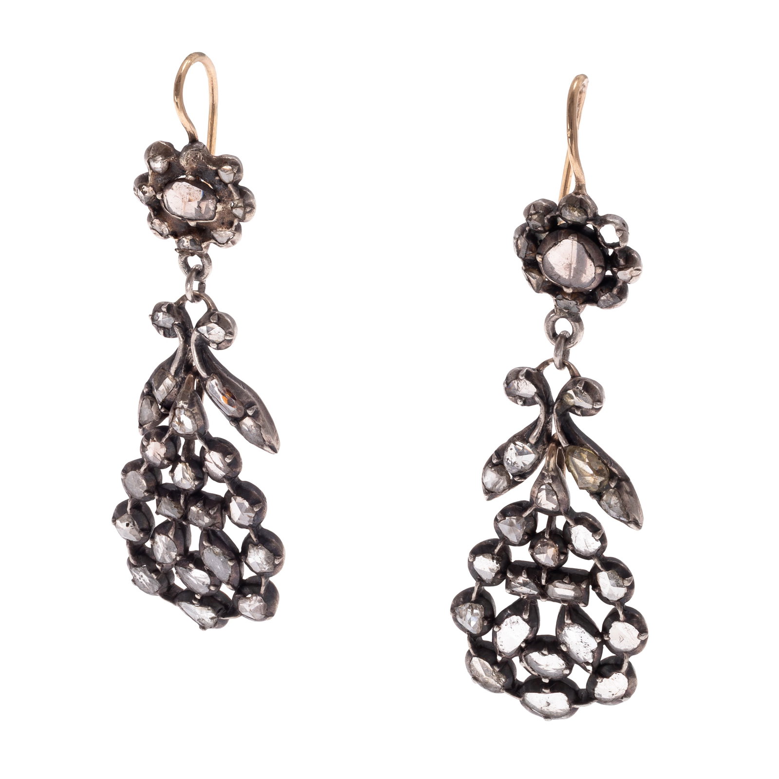 Pair of Diamond, 14k, Silver Day and Night Earrings: Pair of Diamond, 14k, Silver Day and Night Earrings The top designed as single flower with leaves, suspending a detachable pear-shape drop, all accented by rose-cut diamonds set in a silver earring