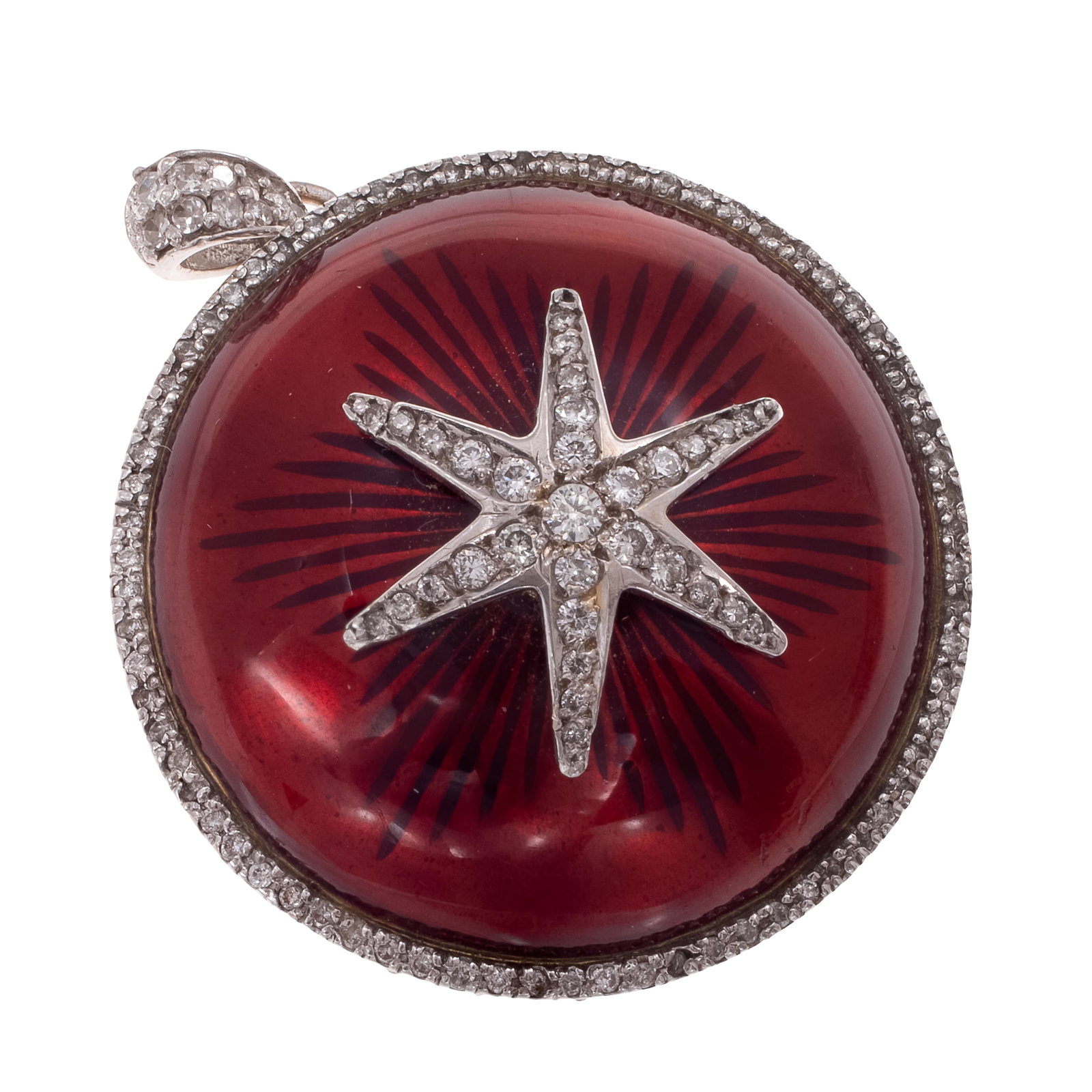 Diamond, Enamel, 18k Yellow and White Gold Pendant: Diamond, Enamel, 18k Yellow and White Gold Pendant Centering round guilloche enamel inset with a white gold star accented by thirty-one round brilliant-cut diamonds, highlighted by numerous full and s