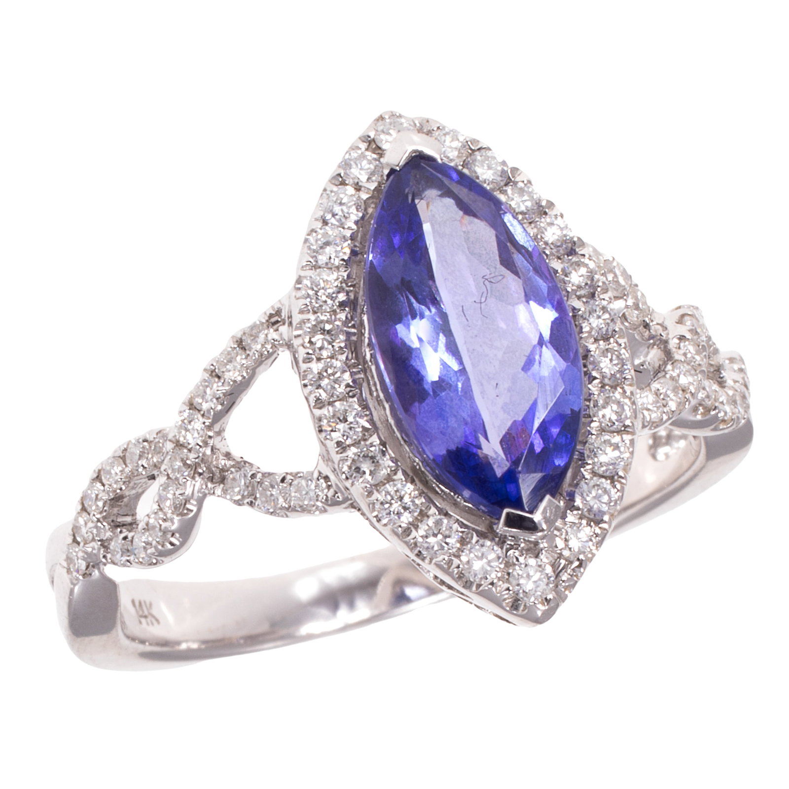 Tanzanite, Diamond, 14k White Gold Ring: Tanzanite, Diamond, 14k White Gold Ring Featuring one marquise-shape tanzanite weighing approximately 1.05 ct., highlighted by sixty round brilliant-cut diamonds weighing a total of approximately