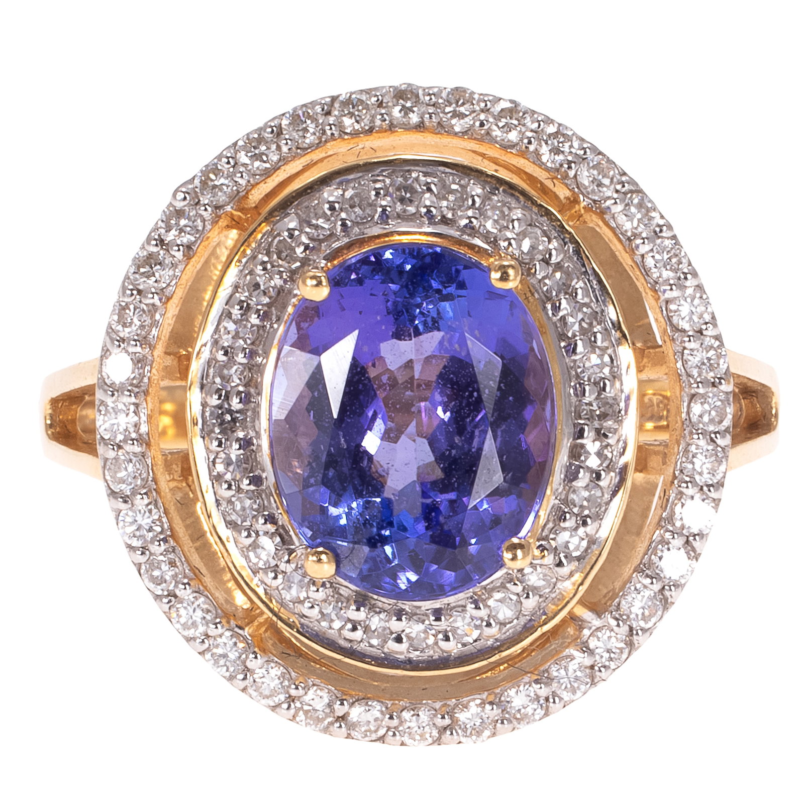 Tanzanite, Diamond, 18k Yellow Gold Ring: Tanzanite, Diamond, 18k Yellow Gold Ring Centering one oval-cut tanzanite weighing approximately 2.30 ct., encircled by seventy-one round brilliant and single-cut diamonds weighing a total of